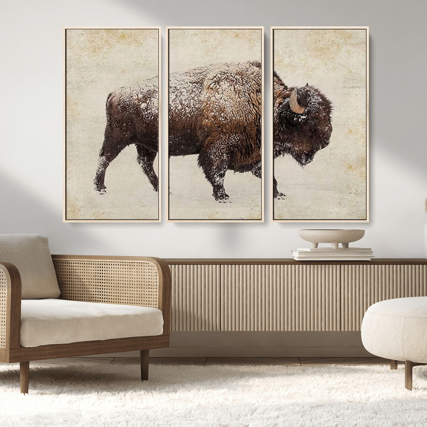 MGV-FC-48X32-3P - Buffalo Wall Art, Western Bison Canvas Print, Rustic Buffalo Art for Cowboy Western Decor, Large Multi-Panel Giclee Canvas for Farmhouse Wall Decor