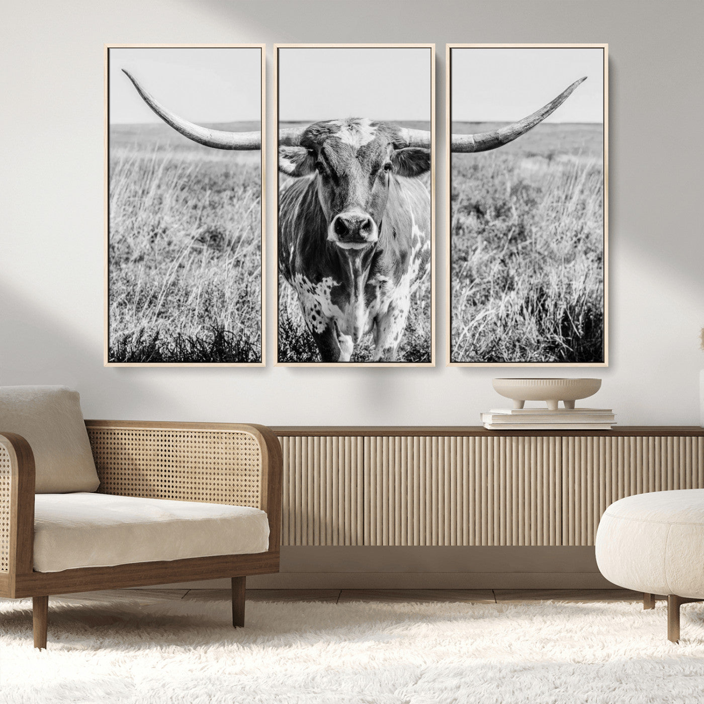 MGV-FC-48X32-3P - Texas Cow Longhorn Wall Art Canvas Print for Farm House Wall Decor, Farmhouse Wall Art Print