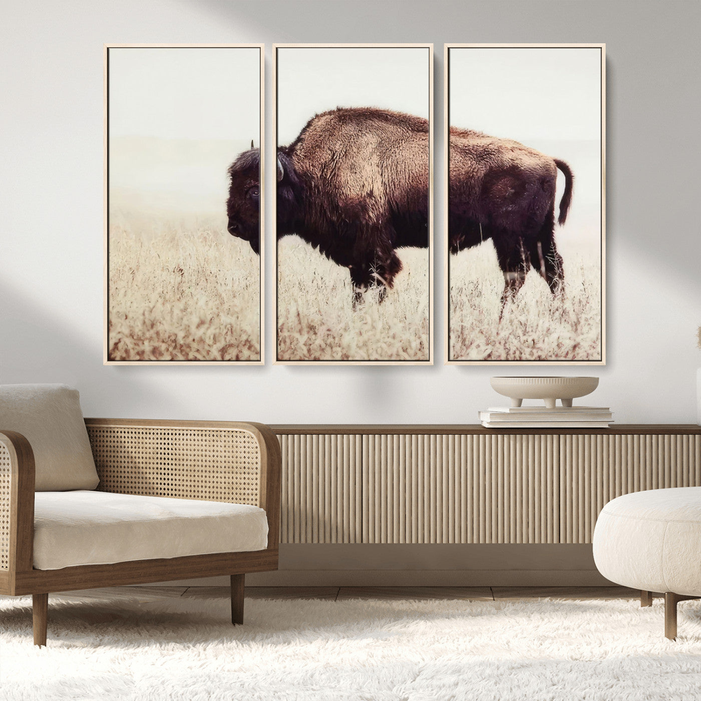 MGV-FC-48X32-3P - Bison in Field Wall Art Canvas Print For Farmhouse Barn Decor