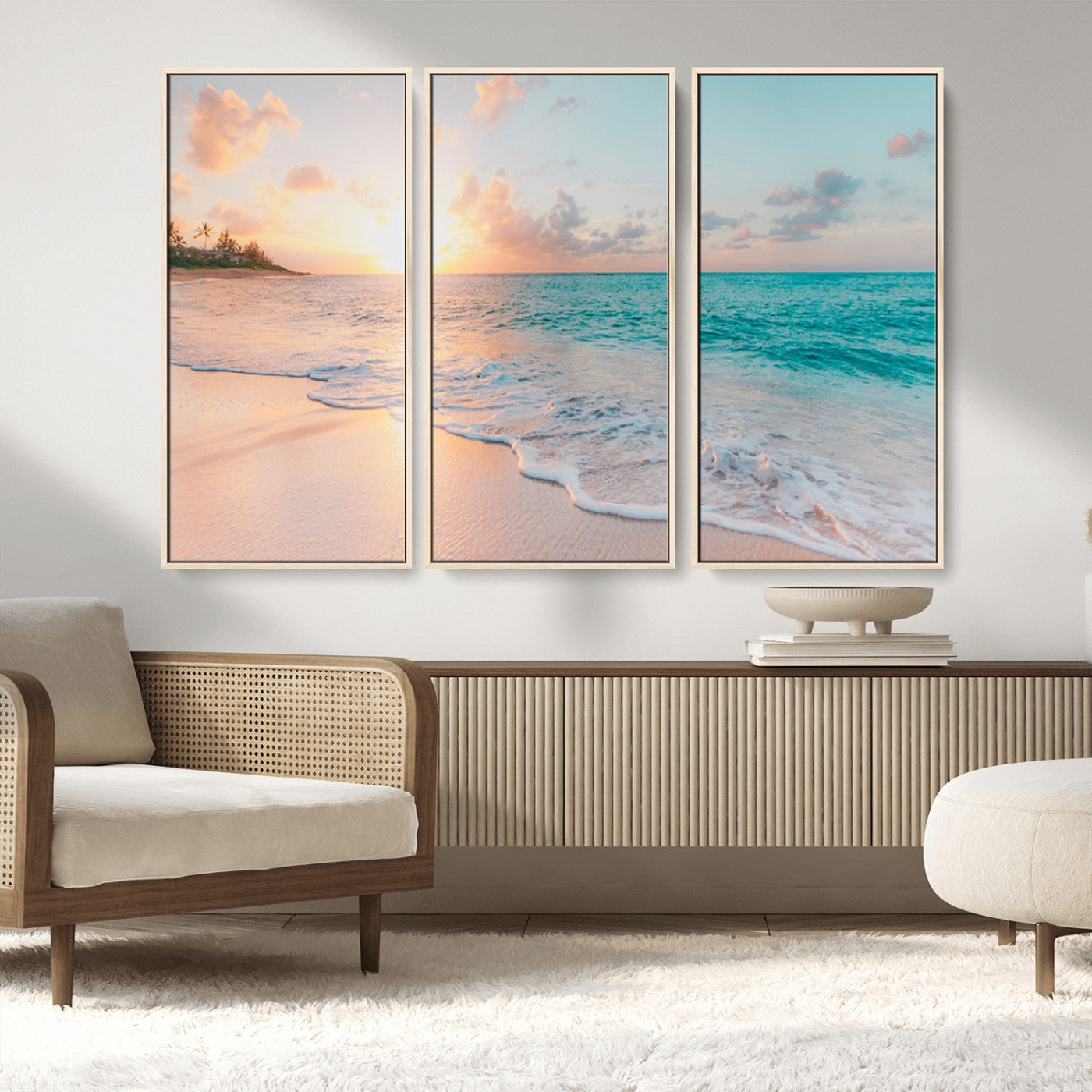 MGV-FC-48X32-3P - Beach Sunrise Wall Art, Coastal Seascape Canvas Print, Ocean Wave Multi-Panel Giclee, Coastal Sunset Beach Scene for Modern Decor
