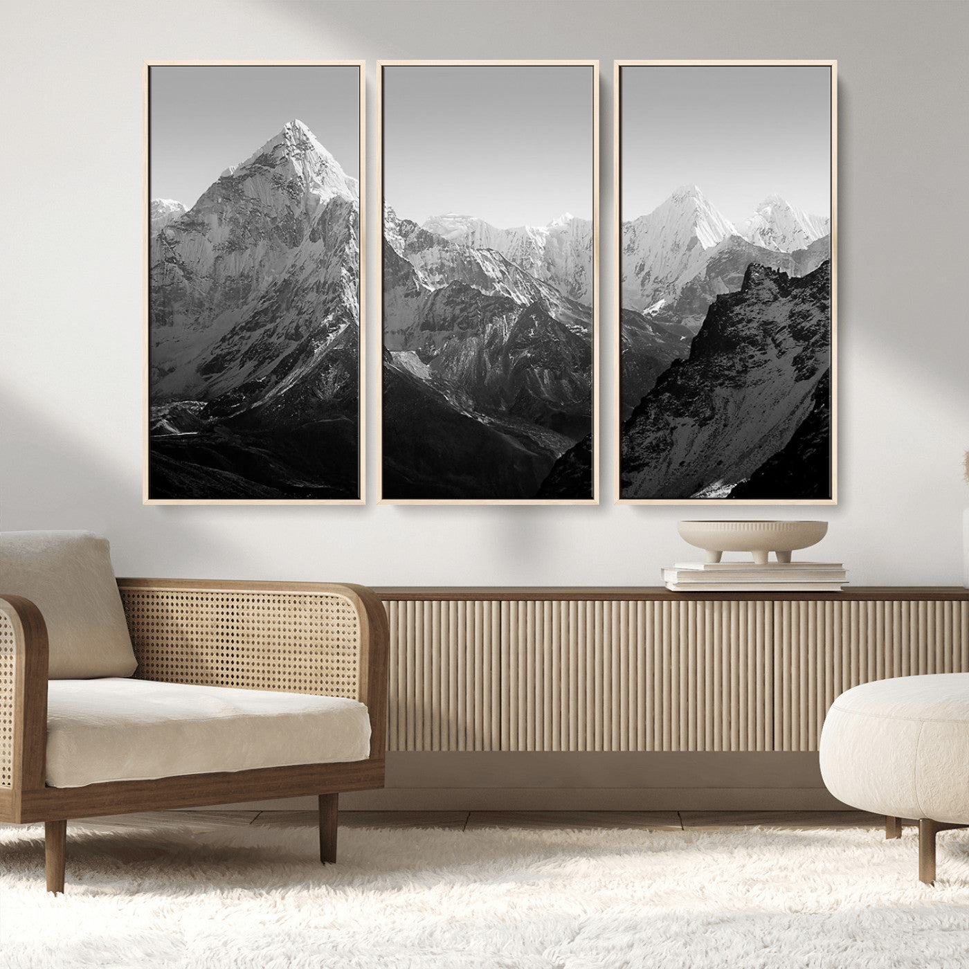MGV-FC-48X32-3P - Everest Himalaya Mountain Peaks Black & White Triptych Canvas Art – Mountain Wall Decor for Minimalist Interiors