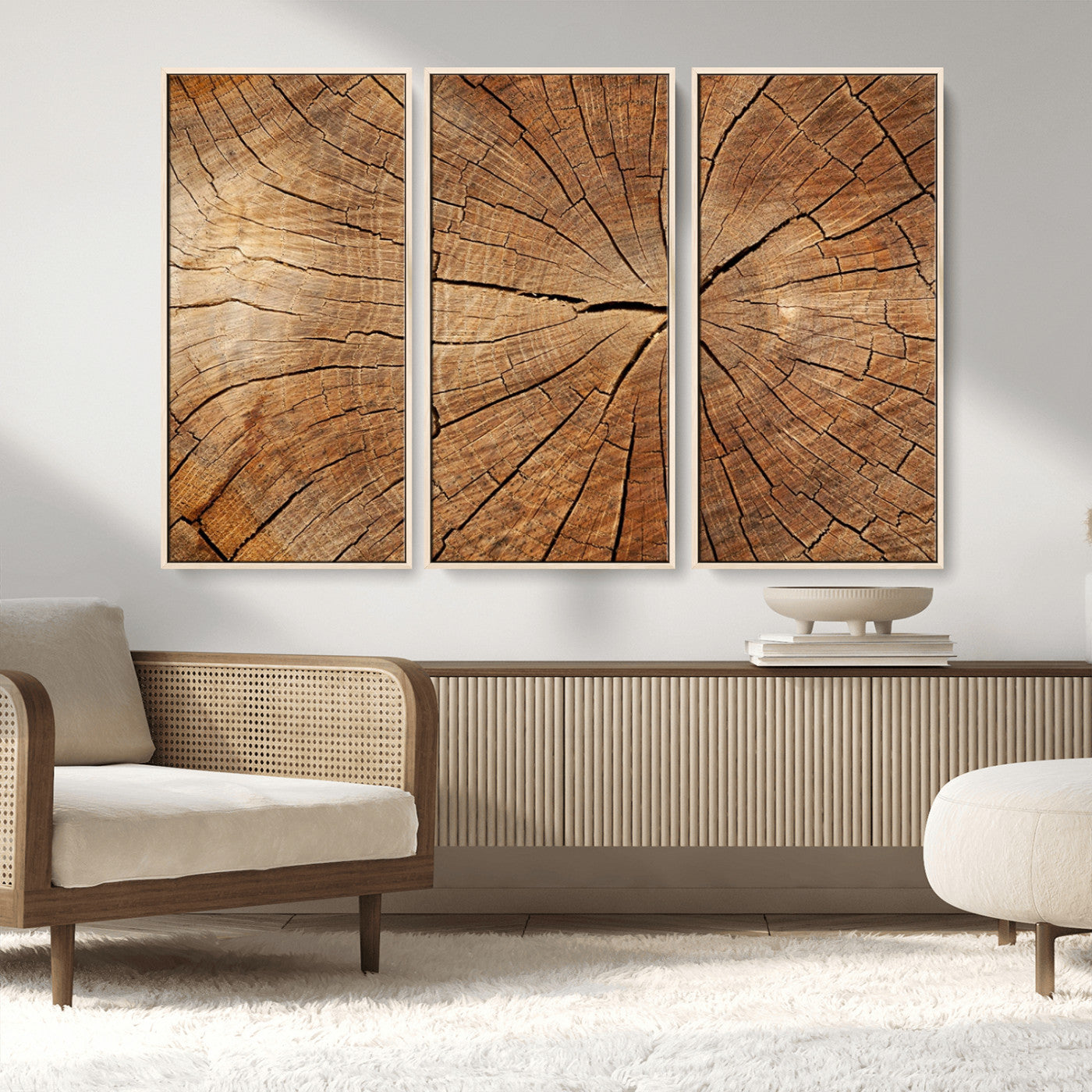 MGV-FC-48X32-3P - Tree Ring Canvas Art, Rustic Wood Grain Wall Art, Tree Slice Decor for Modern Homes, Giclee Multi-Panel Print, Tree Ring Wall Art Set