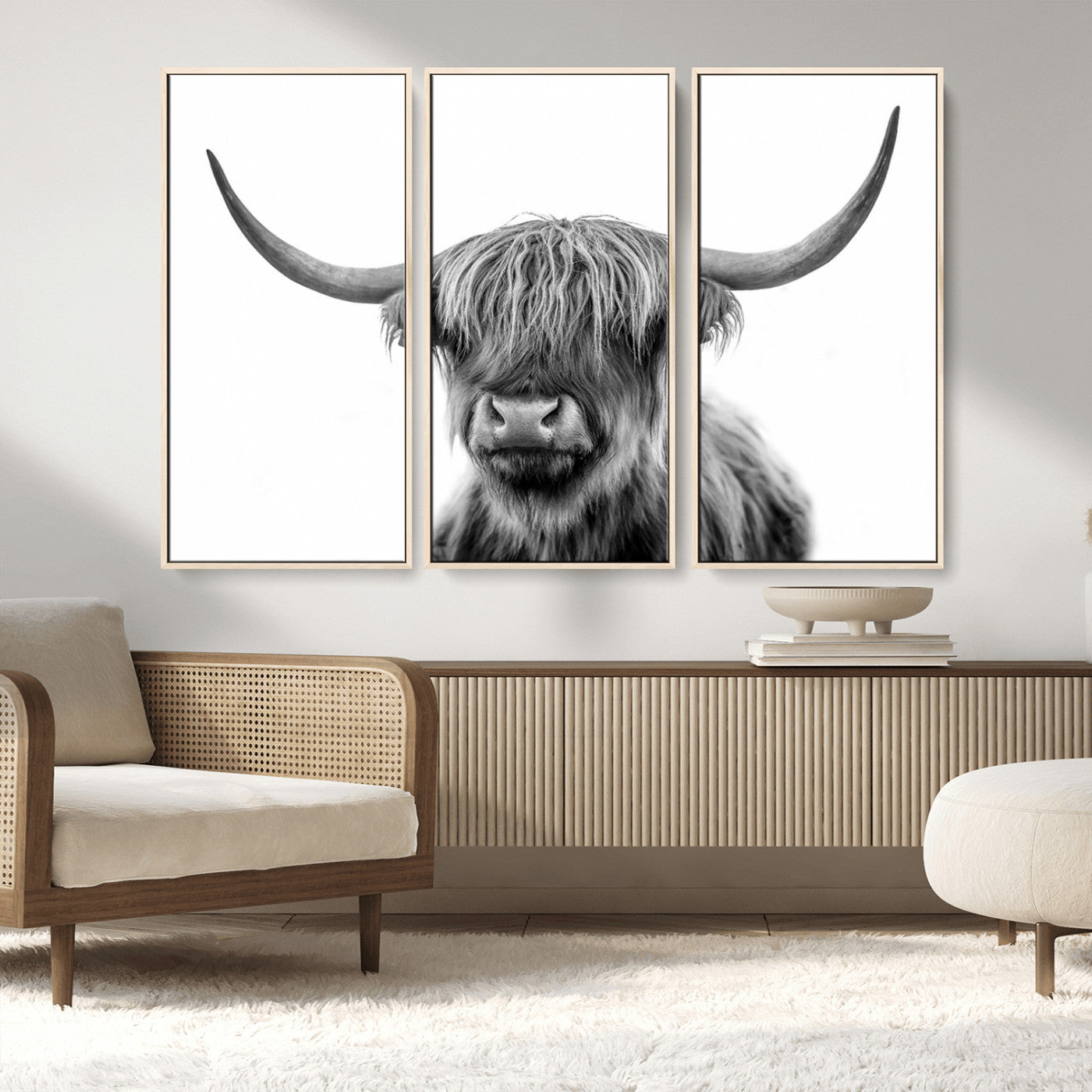 MGV-FC-48X32-3P - Grayscale Scottish Highland Cow Cattle Art Print Farmhouse Wall Art Canvas Print