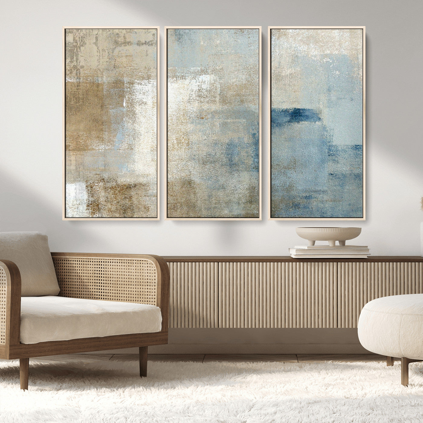 MGV-FC-48X32-3P - Abstract Blue and Beige Wall Art, Modern Minimalist Canvas Print Set, Giclee Textured Art, Large Multi-Panel Artwork for Living Room