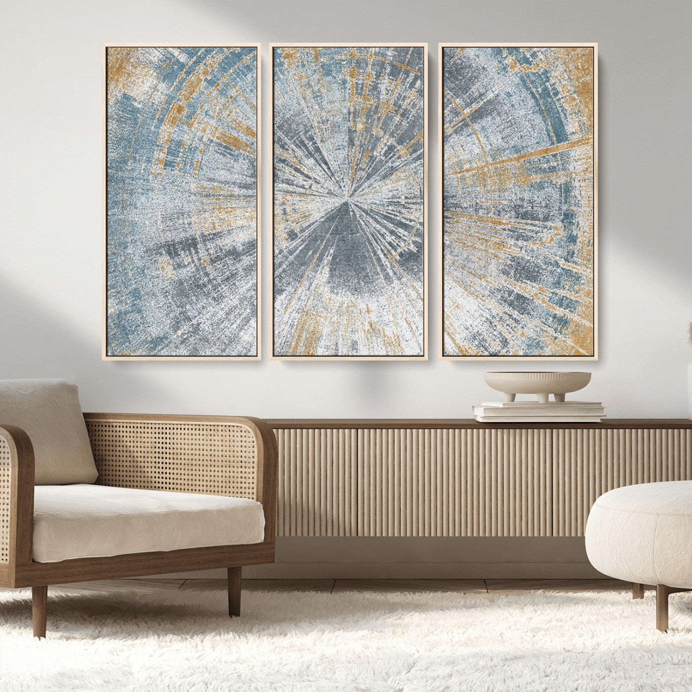 MGV-FC-48X32-3P - Radiant Abstract Wood Rings Canvas Art – Modern Triptych Wall Decor for Living Room or Farmhouse Decor