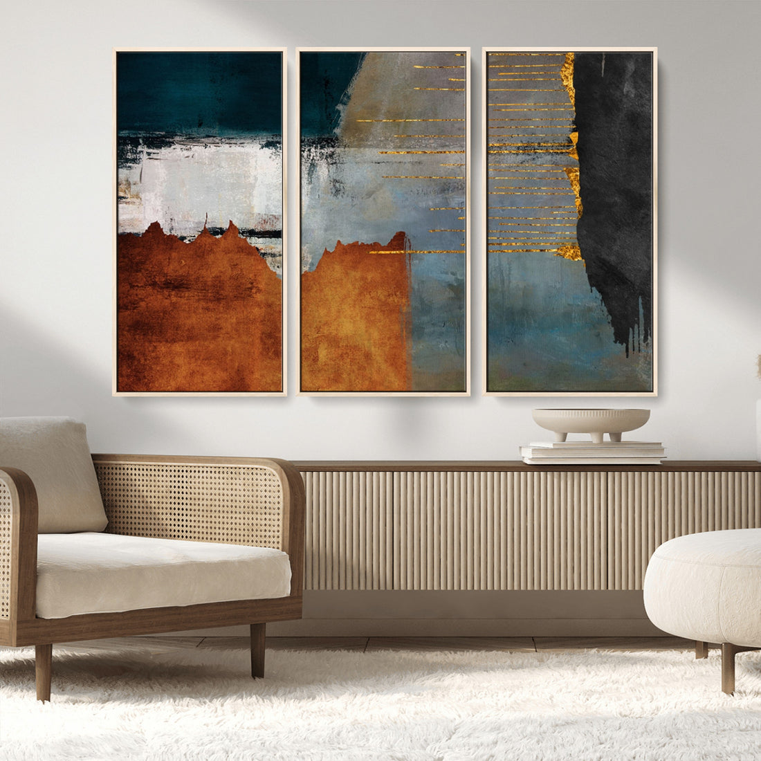 Modern Abstract Canvas Art Canvas Print, Orange, Teal and Gold Triptych, Framed and Ready to Hang
