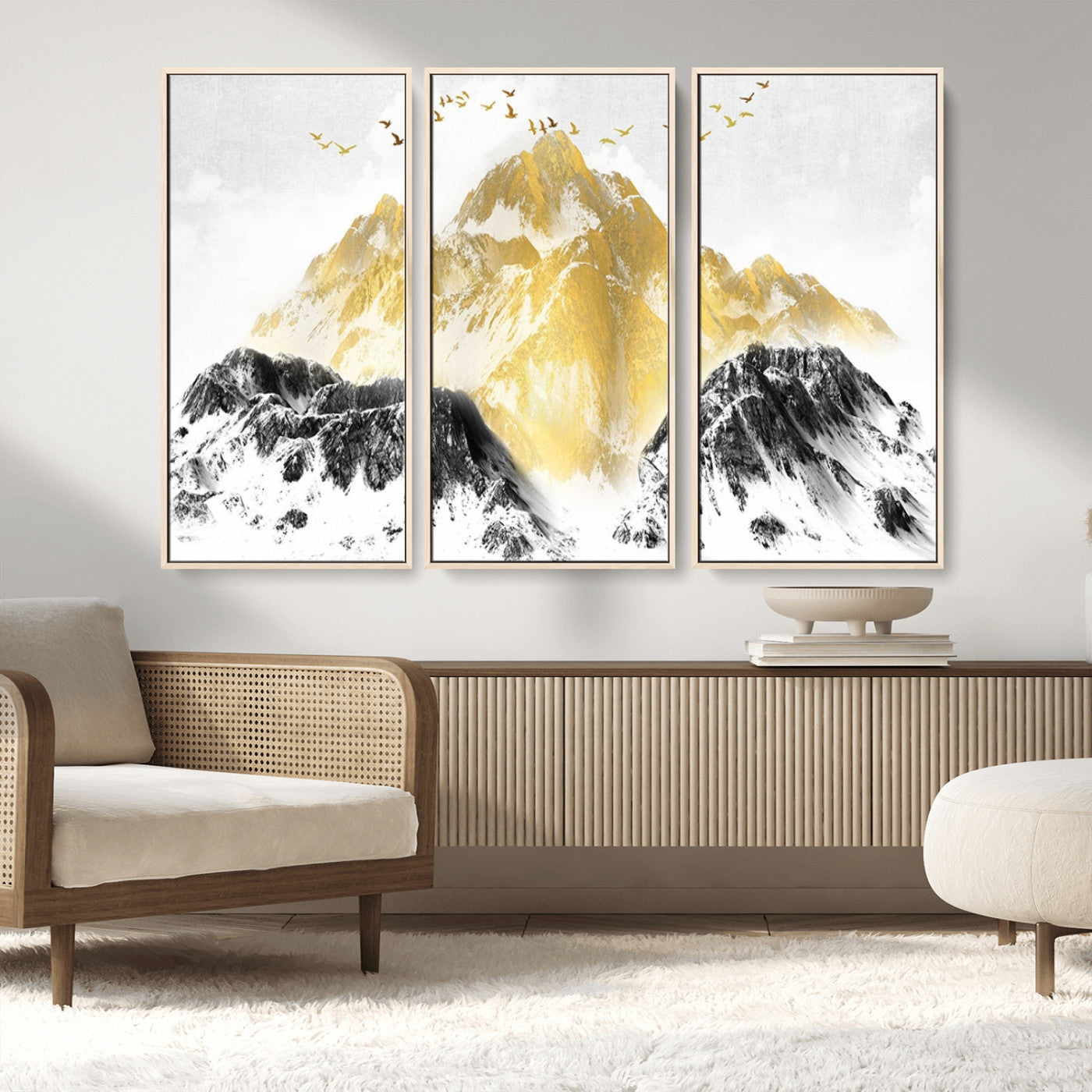 MGV-FC-48X32-3P - Golden Mountain Triptych Wall Art, Modern Giclee Canvas Print, Nature Landscape Decor for Living Room, Contemporary Gold and Black Wall Art