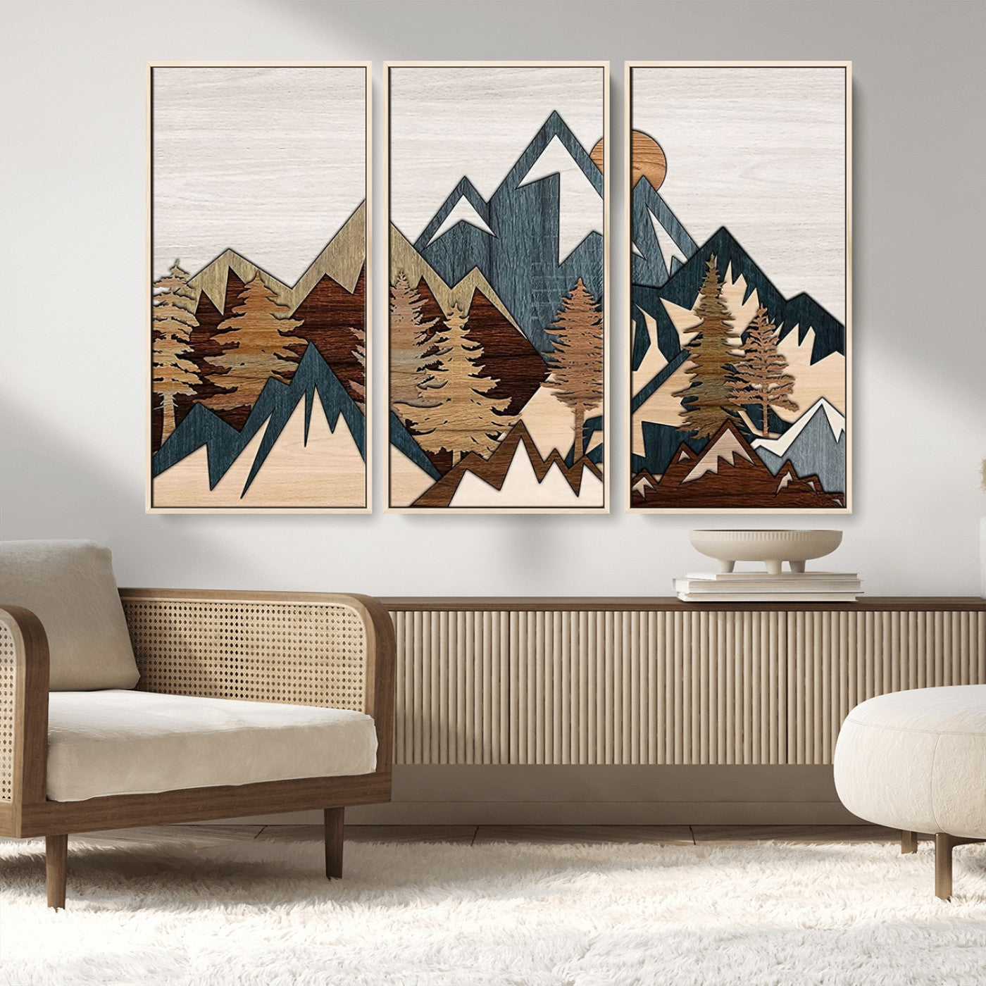 MGV-FC-48X32-3P - Woodland Mountain Landscape Triptych, Giclee Canvas Art for Modern Home, Rustic Wooden Nature Wall Art, Large Mountain and Tree Canvas for Living Room