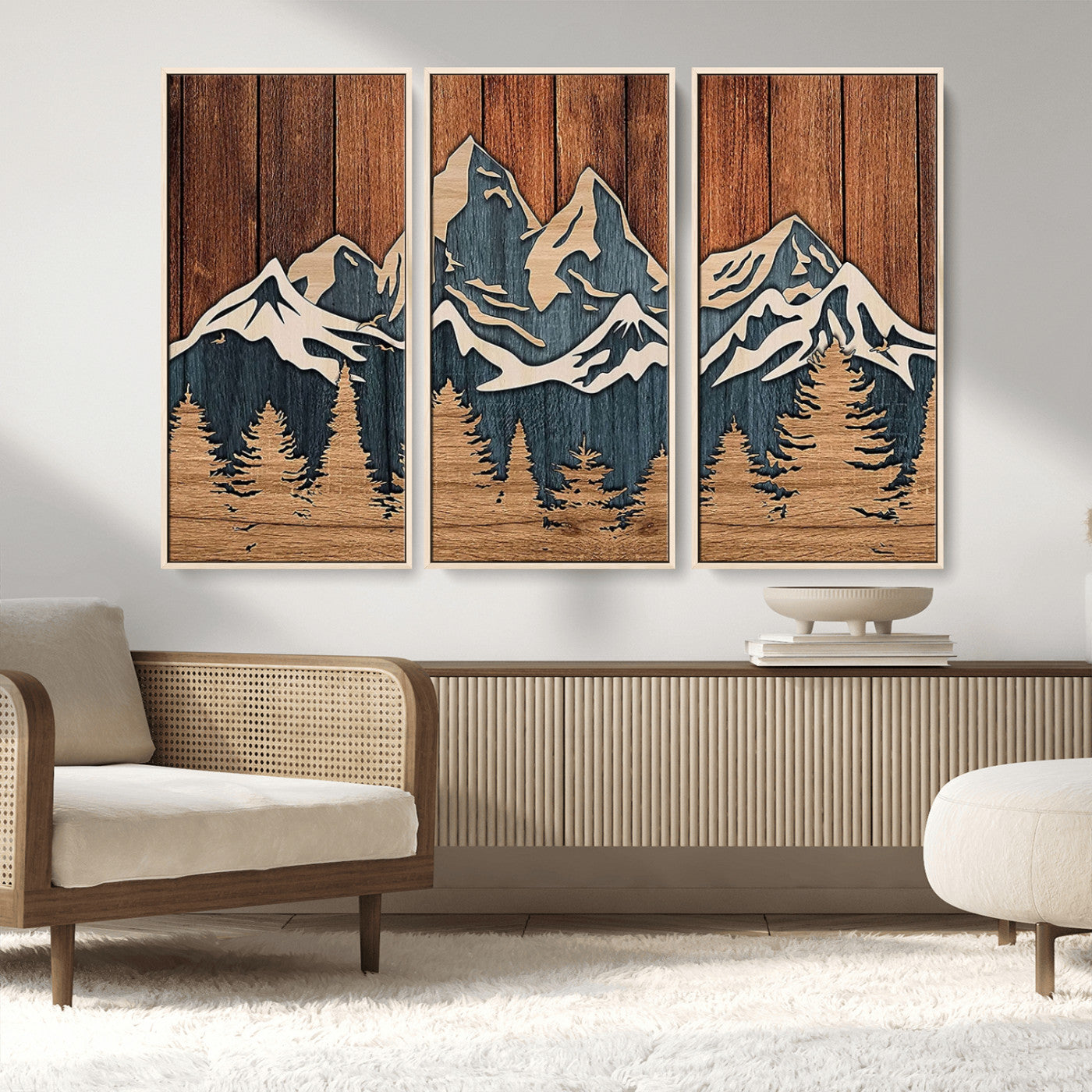 MGV-FC-48X32-3P - Rustic Wood Style Mountain Wall Art, Nature Forest Canvas Print, Wooden Textured Mountain Artwork, Handcrafted Landscape Decor for Farmhouse Decor