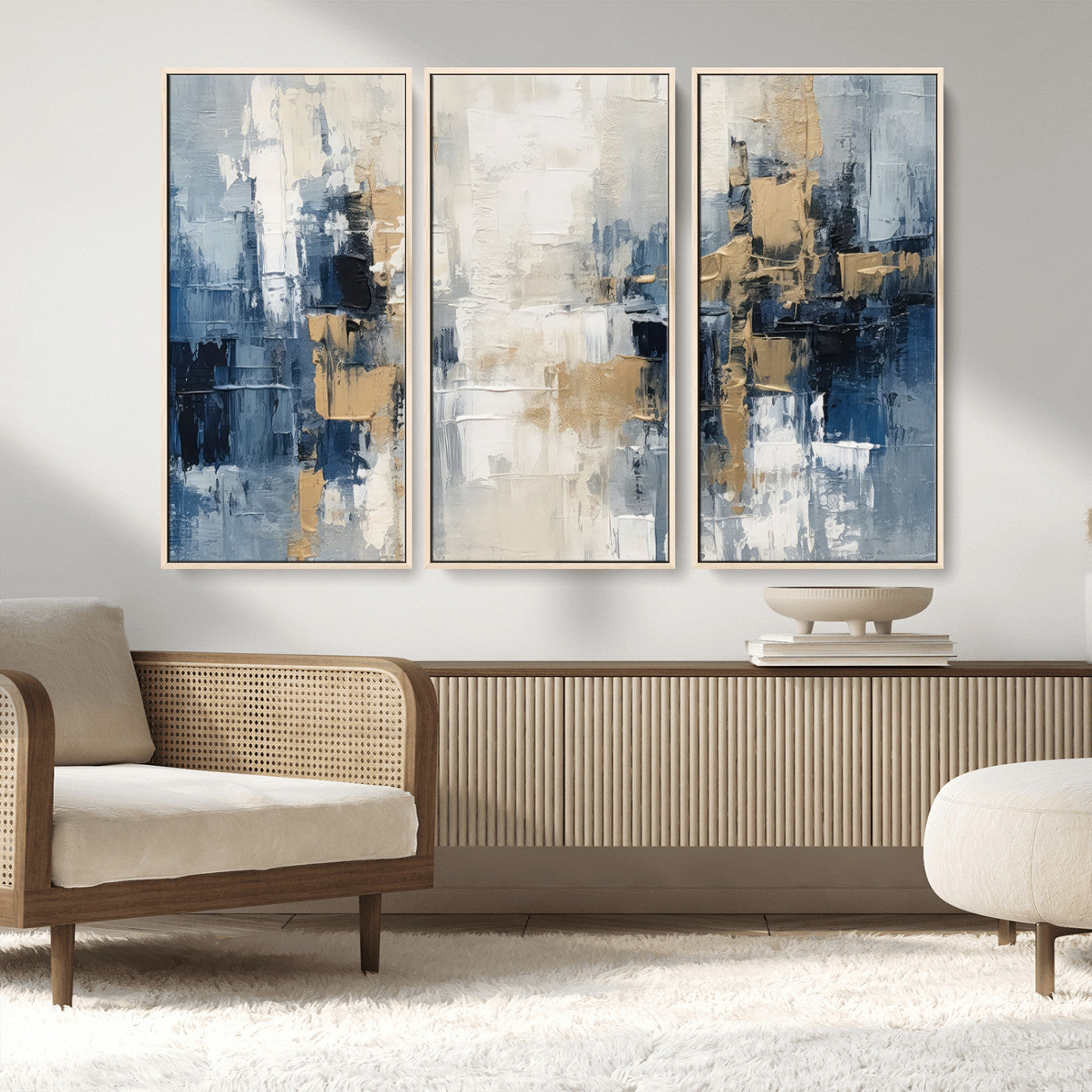 -Modern Abstract Canvas Wall Art in Blue and Gold Tones | Large Contemporary Art for Living Room,