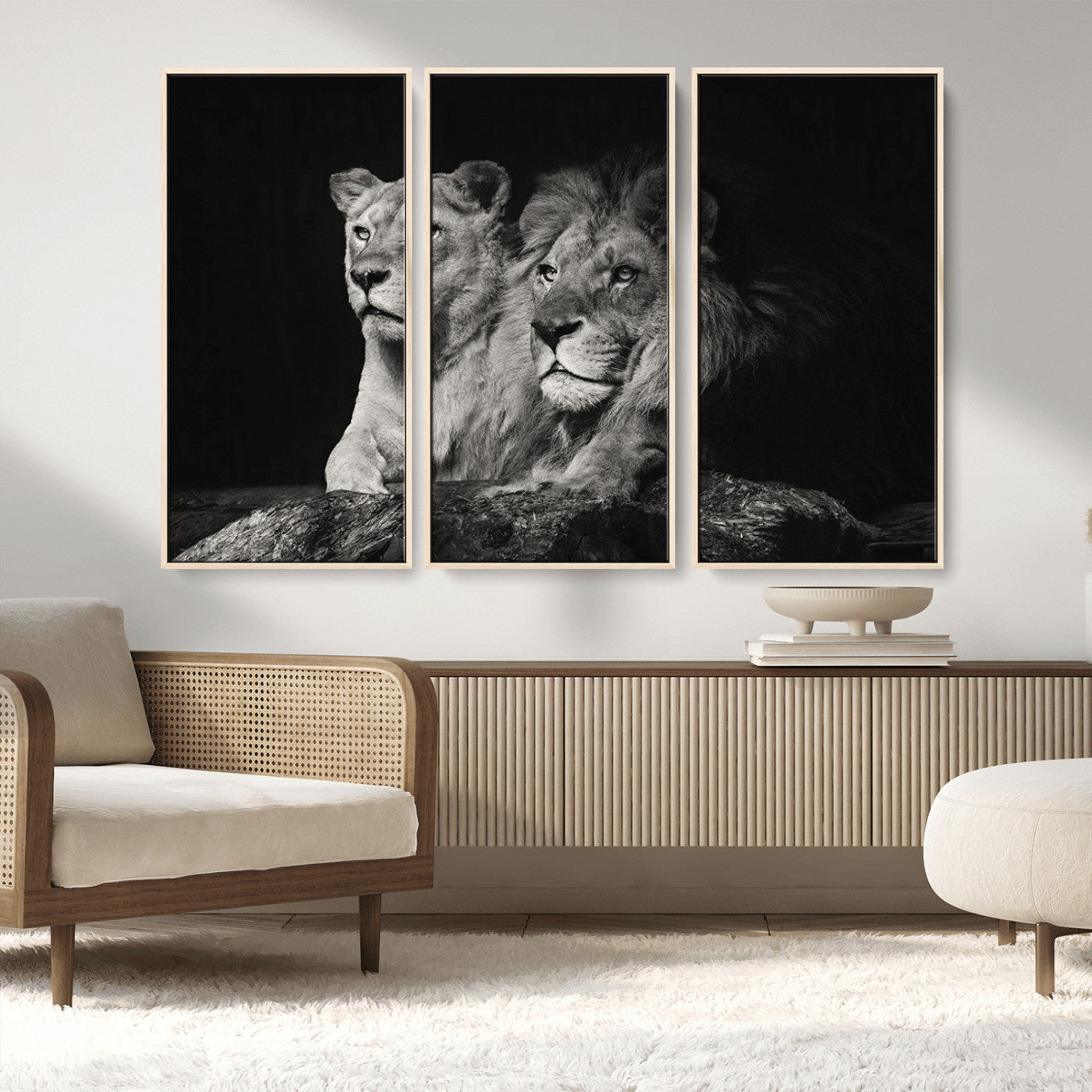 MGV-FC-48X32-3P - Lion Couple Canvas Wall Art Print – Elegant Wildlife Portrait in Black and White Lion Family – Ready to Hang