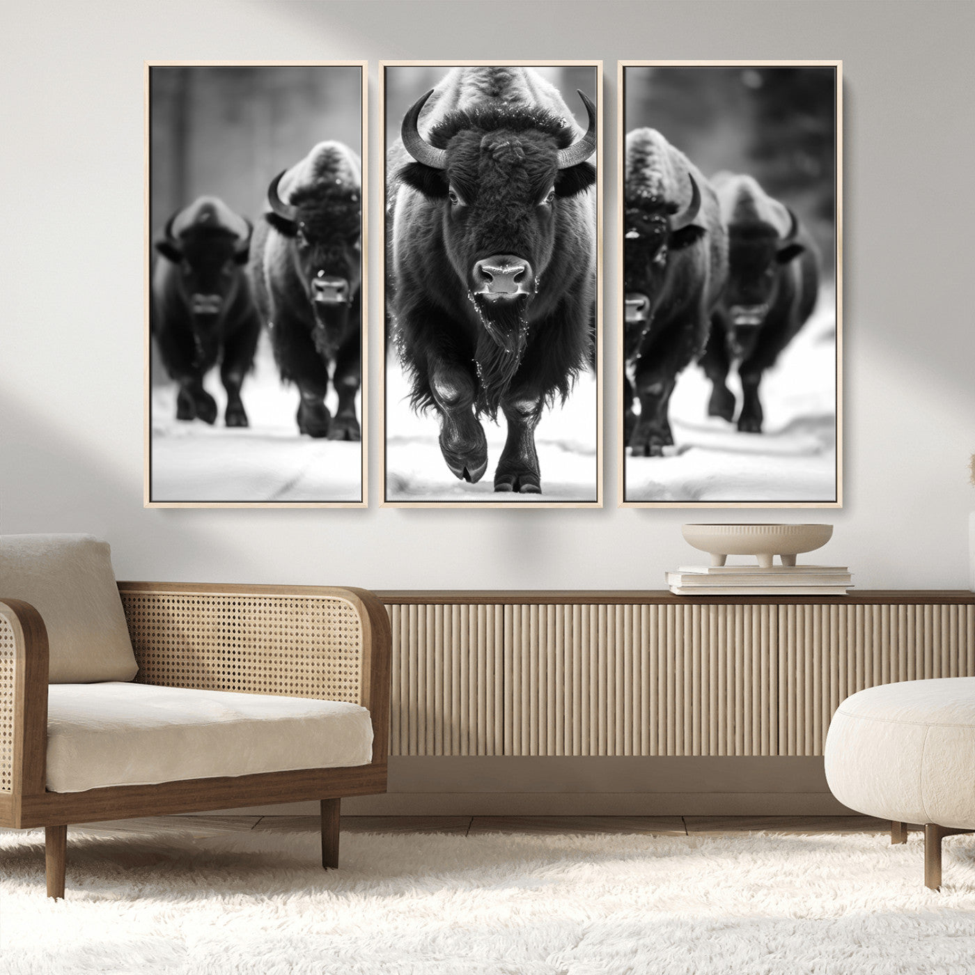 MGV-FC-48X32-3P - American Bison Art | Buffalo Herd Wall Art Canvas Print, BW American Bison Herd Wall Art Canvas Print