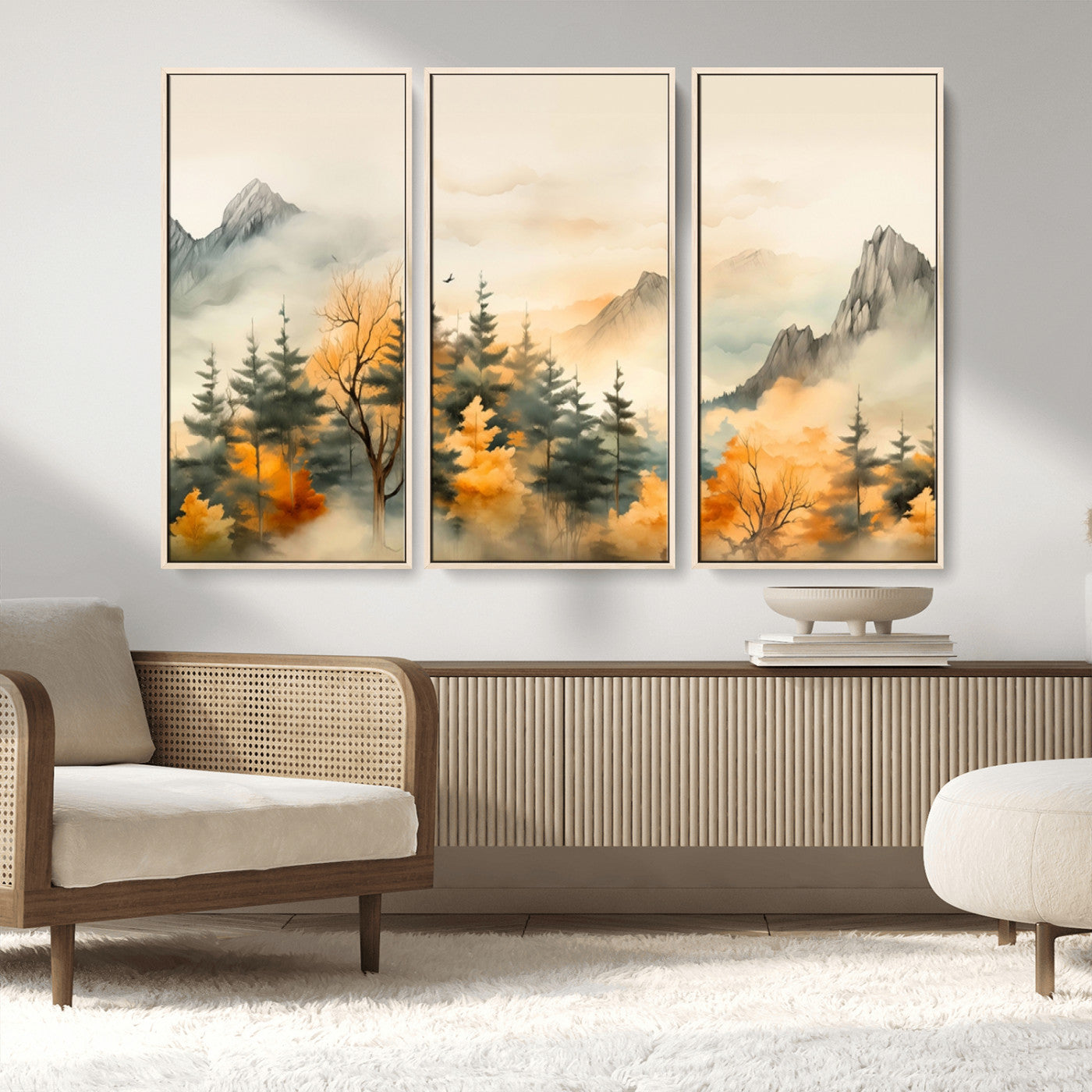 MGV-FC-48X32-3P - Abstract Watercolor Mountains and Trees Autumn Art, Watercolor Mountains and Trees Canvas Print