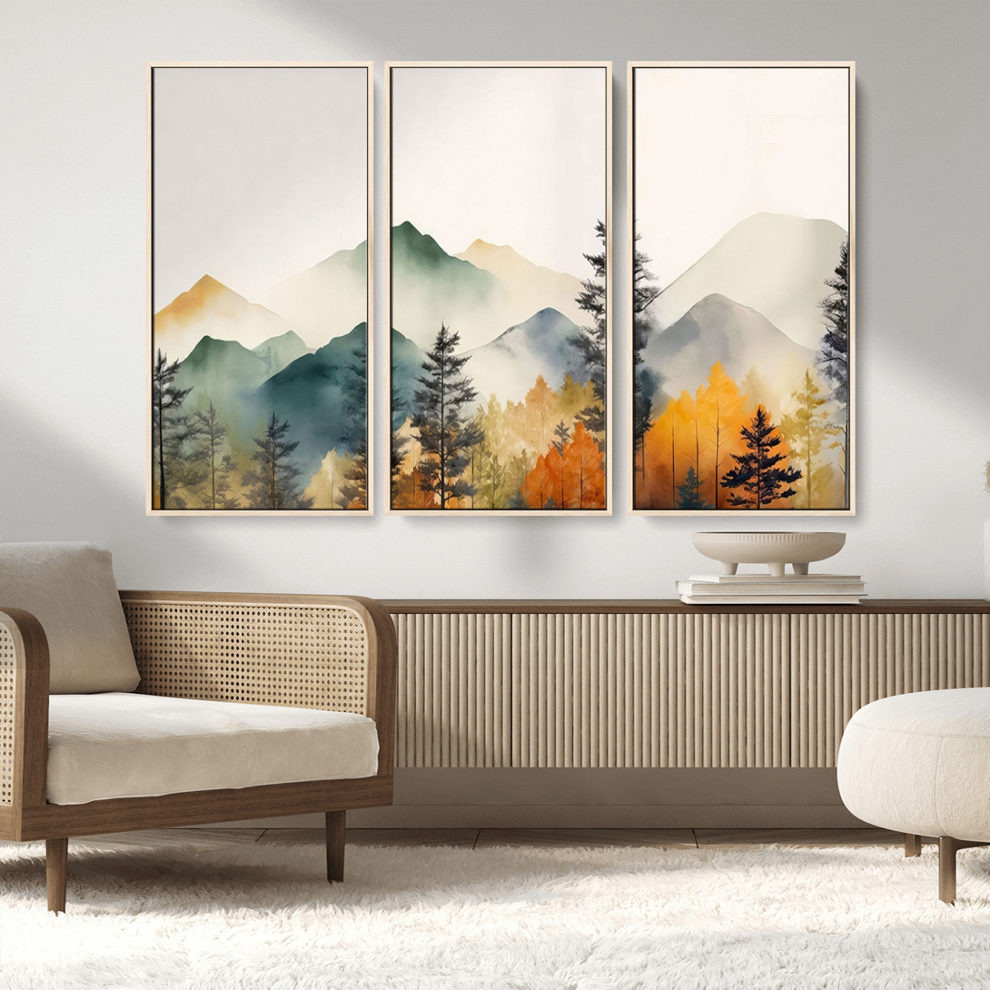 MGV-FC-48X32-3P - Abstract Watercolor Mountains and Trees Autumn Wall Art, Mountains and Trees Autumn Wall Art Canvas