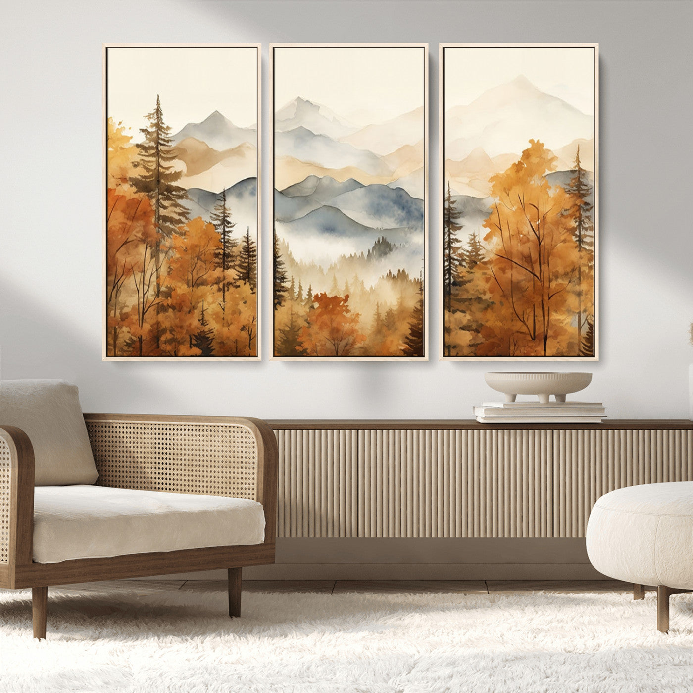 MGV-FC-48X32-3P - Golden Autumn Forest Wall Art | Mountain Landscape Canvas Print for Living Room or Bedroom | Large Wall Decor with Nature-Inspired Design