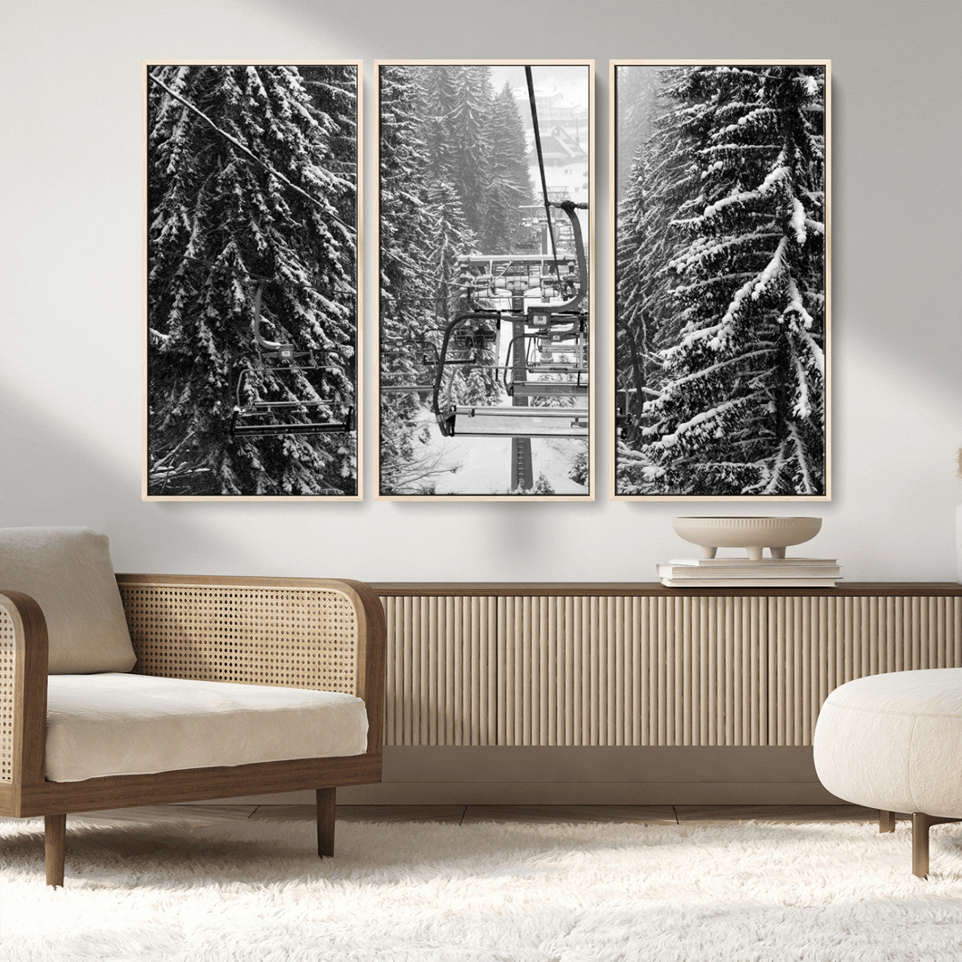 MGV-FC-48X32-3P - Winter Ski Lift Black and White Canvas Wall Art – Alpine Escape in Minimalist Style – Ready to Hang