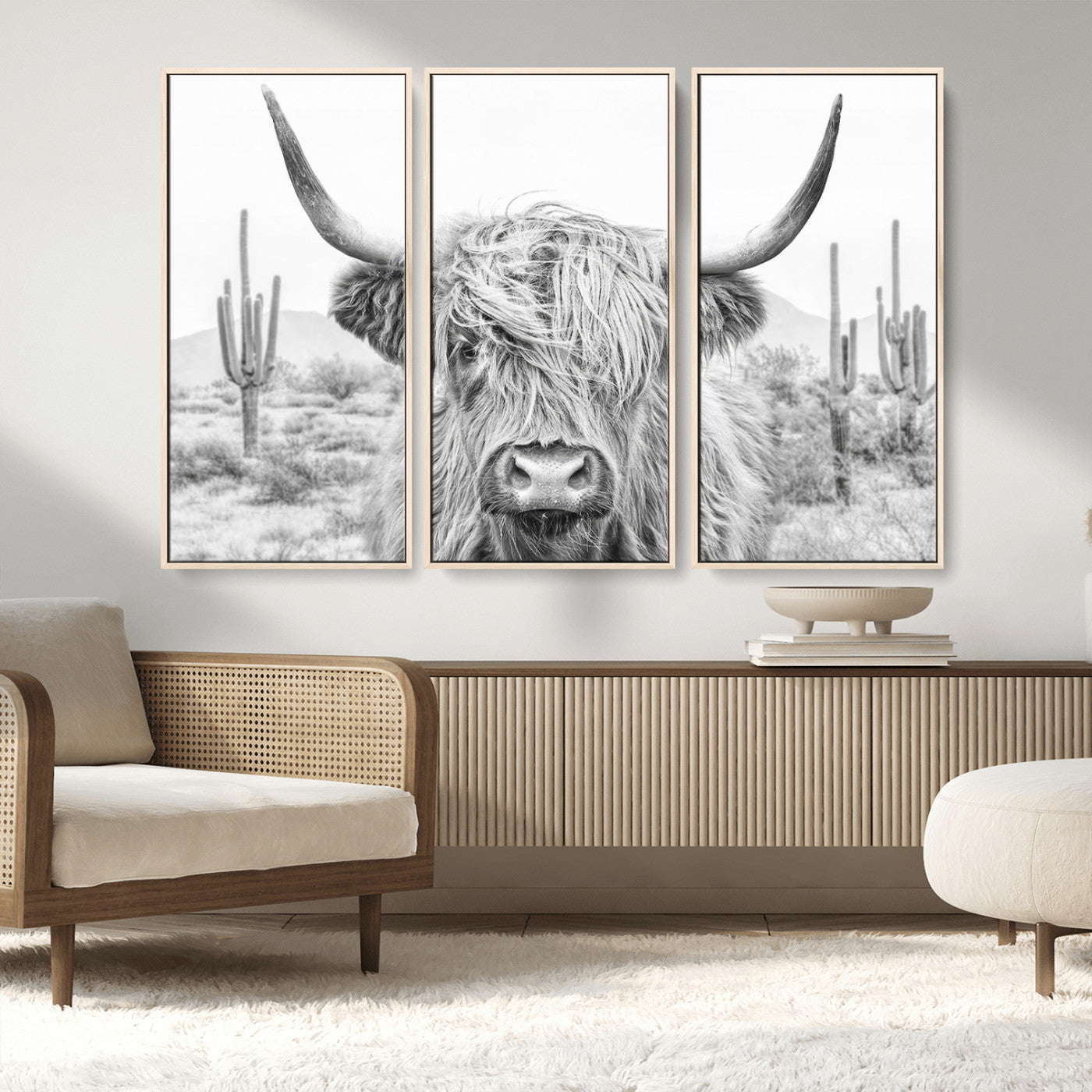 -Rustic Charm | Cow Longhorn Black White Bighorn Wall Art Canvas Print | Farmhouse Wall Art