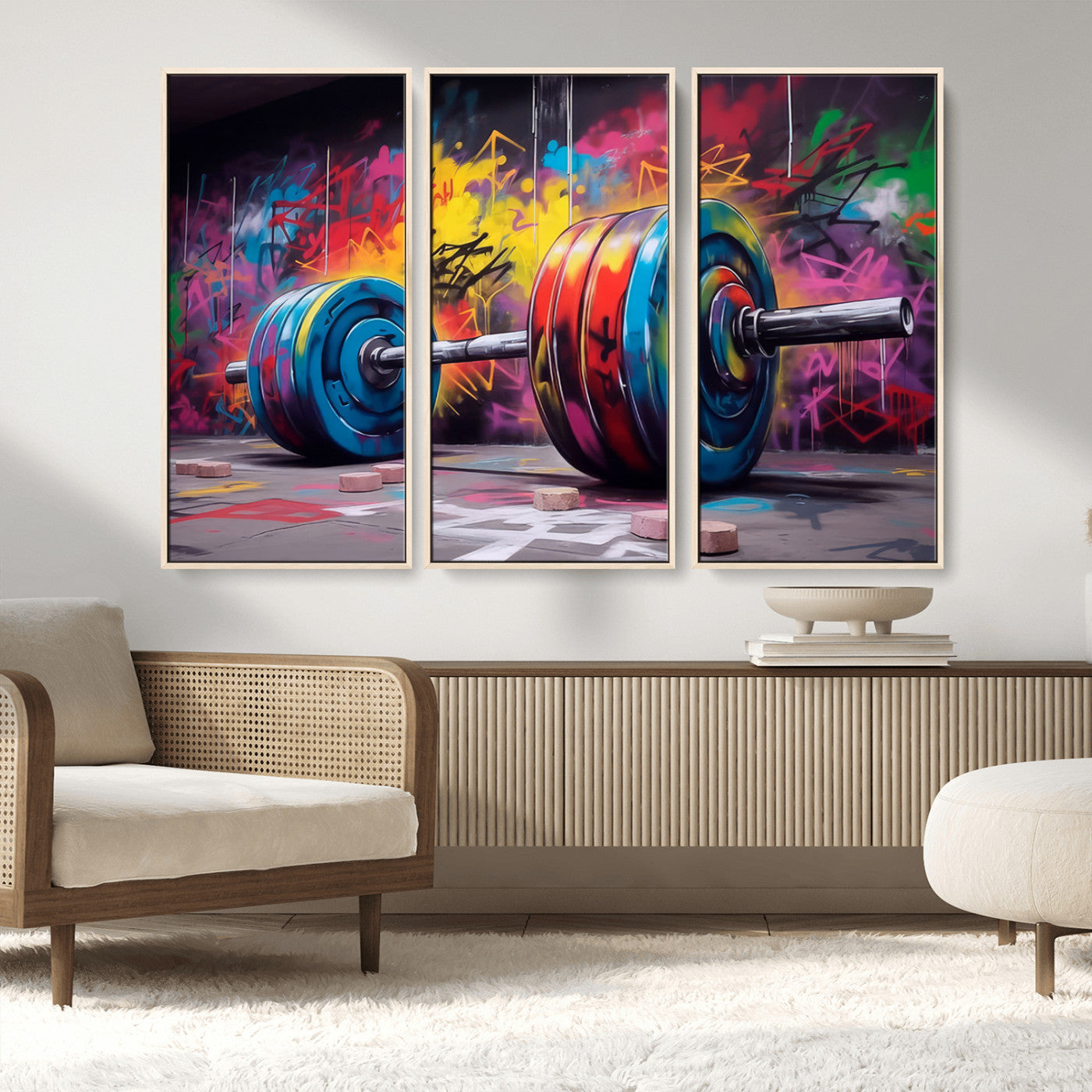 MGV-FC-48X32-3P - Abstract Graffiti Barbell Canvas Wall Art – Urban Fitness Meets Bold Street Art Print - Gym Wall Art Print