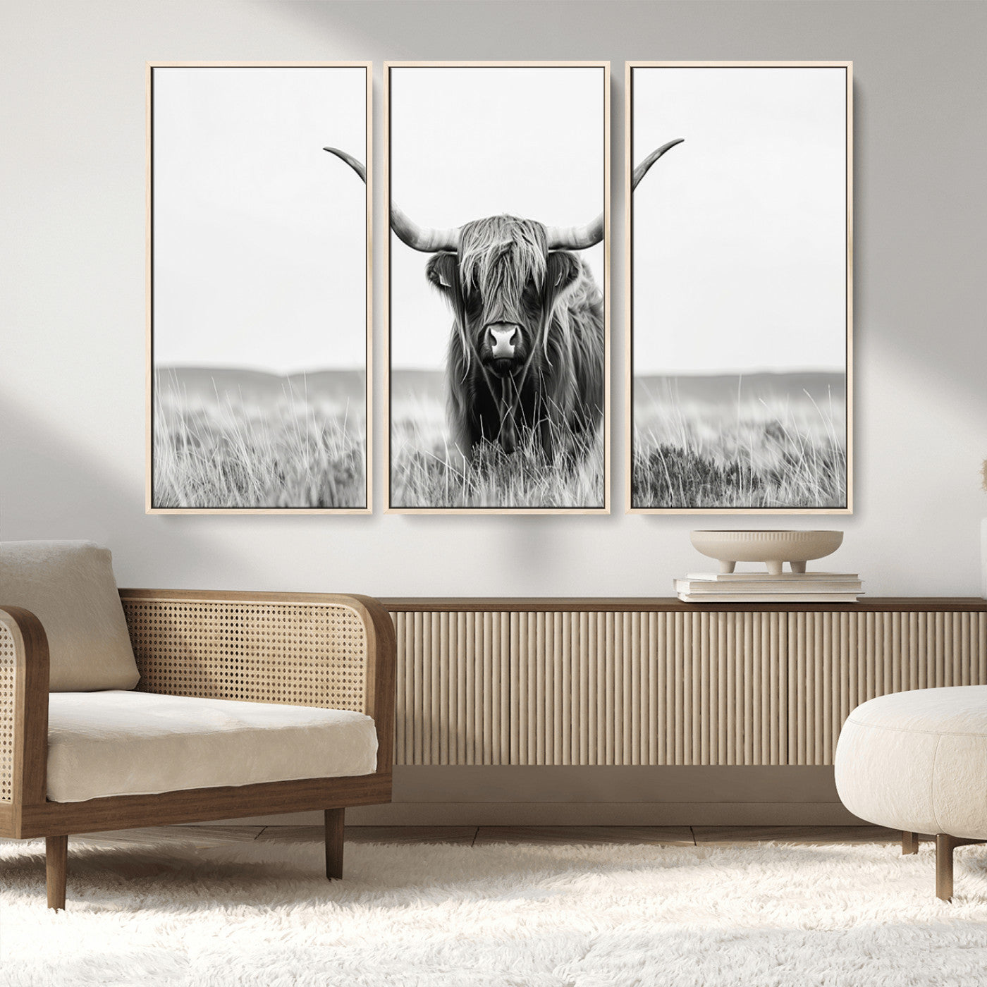 MGV-FC-48X32-3P - Highland Cow Canvas Wall Art – Majestic Beauty in Black and White