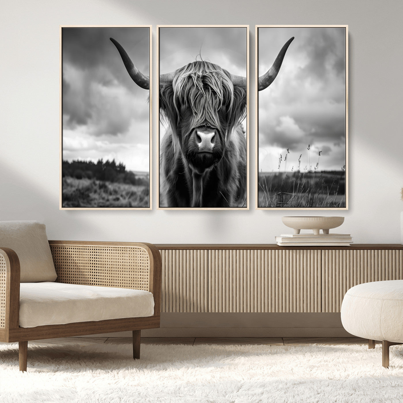 17924-MGV-FC-48X32-3P_Natural-Scottish Cow Wall Art Canvas Print | Longhorn Wall Art | Bighorn Animal Wall Art