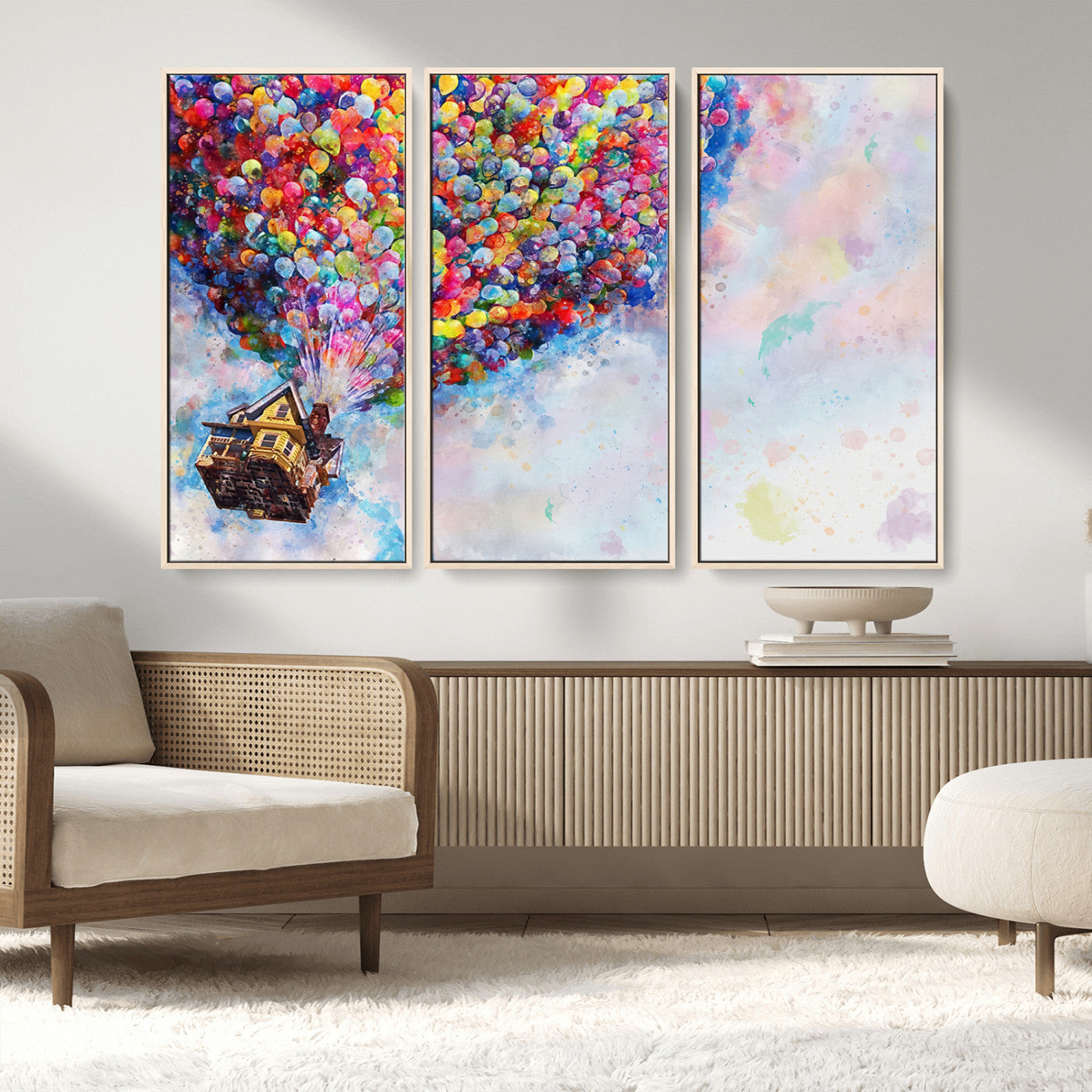 MGV-FC-48X32-3P - Don't Look Up Movie Canvas Wall Art - Vibrant Floating House and Balloons Scene, Tribute to Iconic