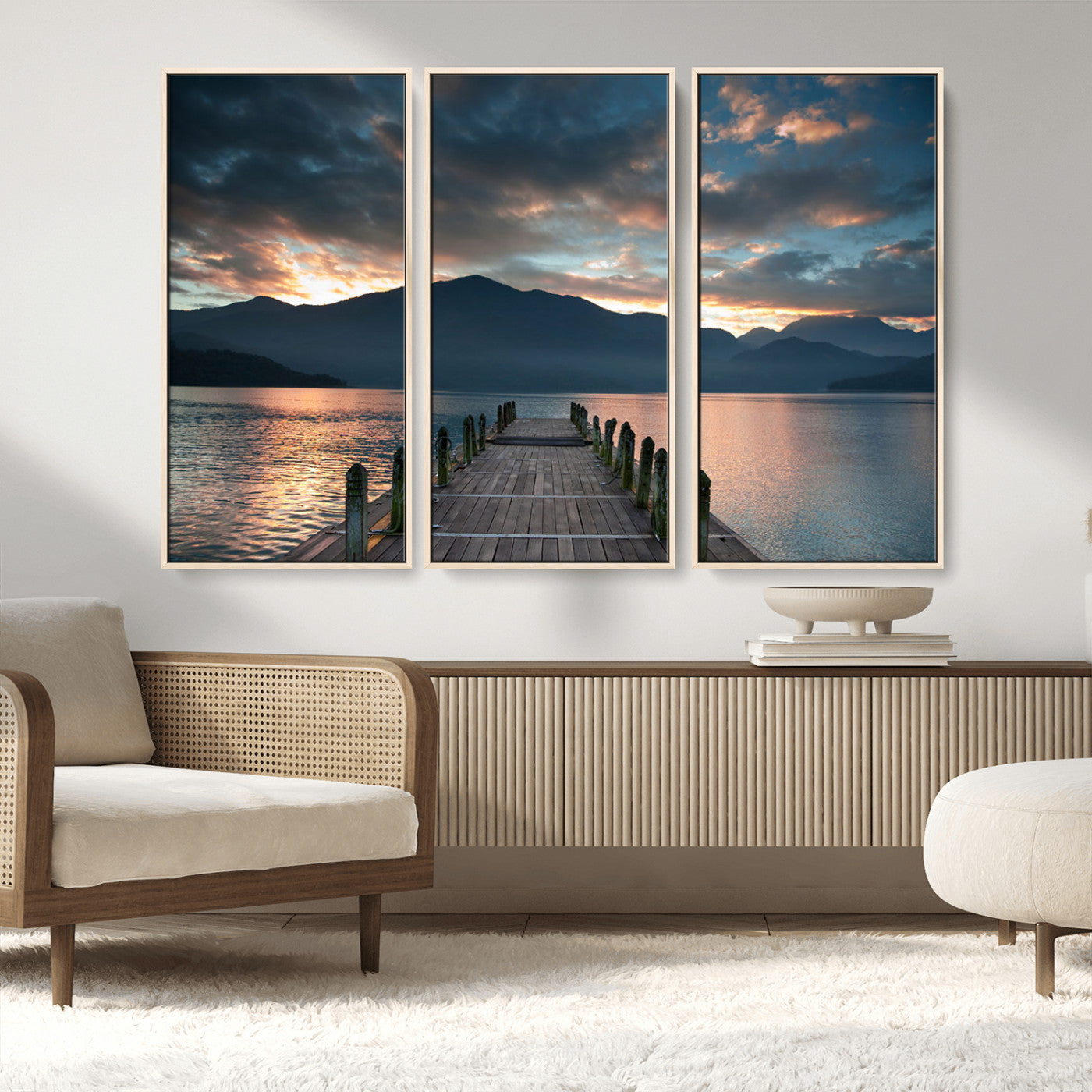 MGV-FC-48X32-3P - Mountain Lake Wood Pier Canvas Wall Art Nature Lake Print
