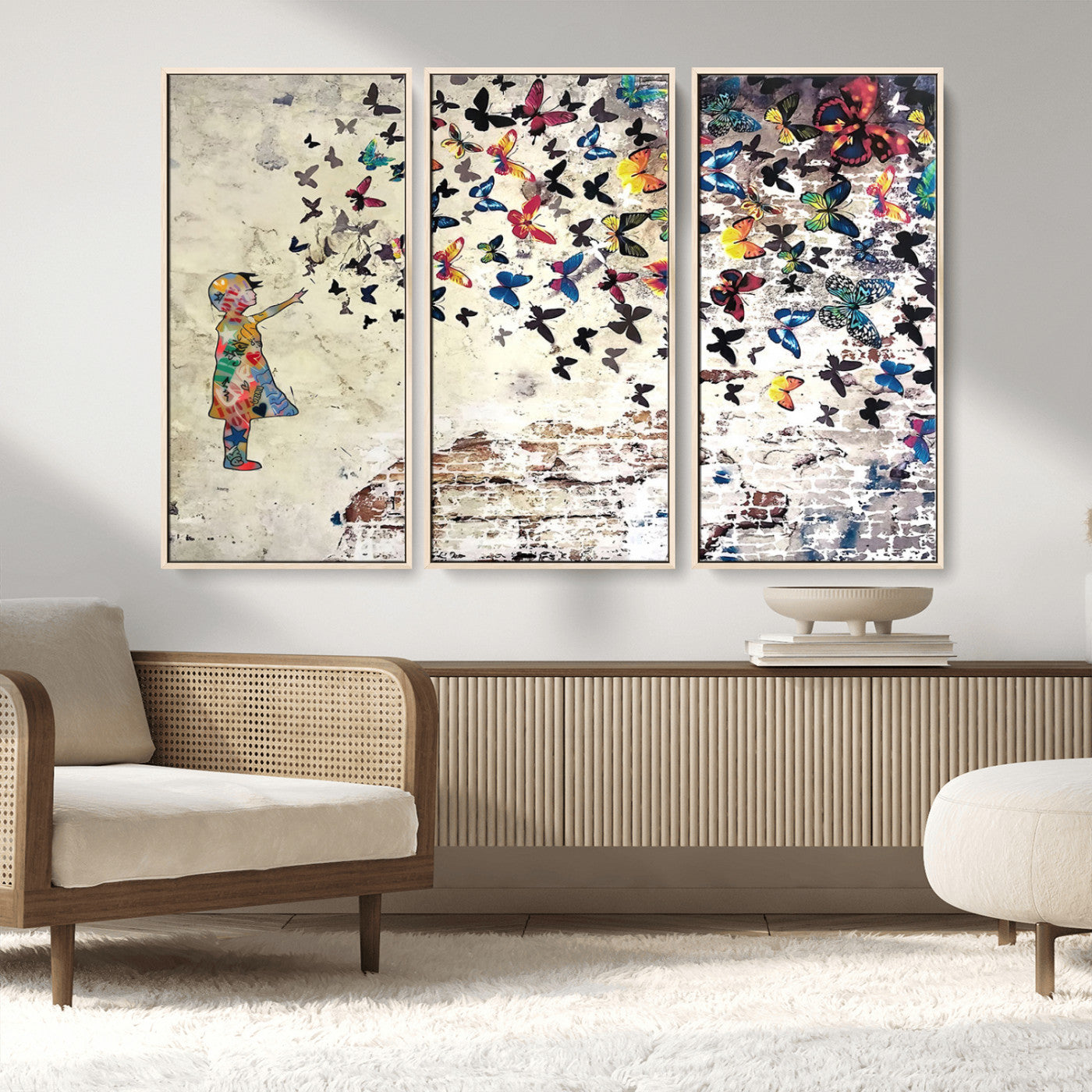 MGV-FC-48X32-3P - Banksy Wall Art - Banksy Girl Butterfly Graffiti Wall Art Canvas Print - Butterfly Girl and Freedom Flight - Vibrant Street Art Print