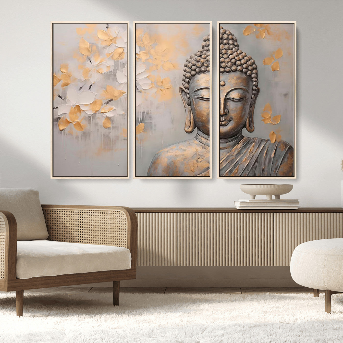 MGV-FC-48X32-3P - Abstract Buddha Statue Wall Art Canvas Print - Modern Meditation Decor for Living Room, Office, Yoga Studio Decor