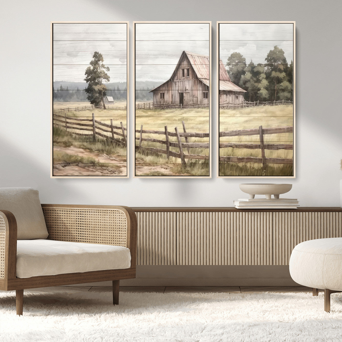 MGV-FC-48X32-3P - Rustic Farmhouse Barn Wall Art | 3-Panel Framed Gallery Wrap Giclee Canvas Print for Living Room, Farmhouse, or Office | Country Landscape Wall Art