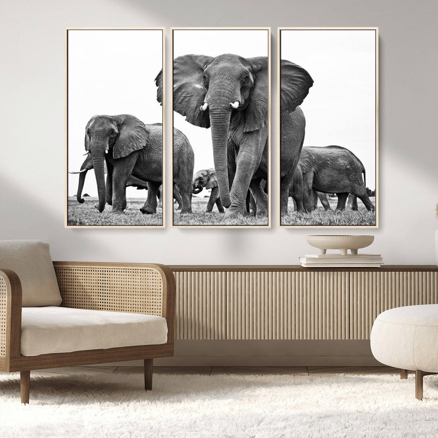 MGV-FC-48X32-3P - Black White Elephant Family Wall Art Canvas Print