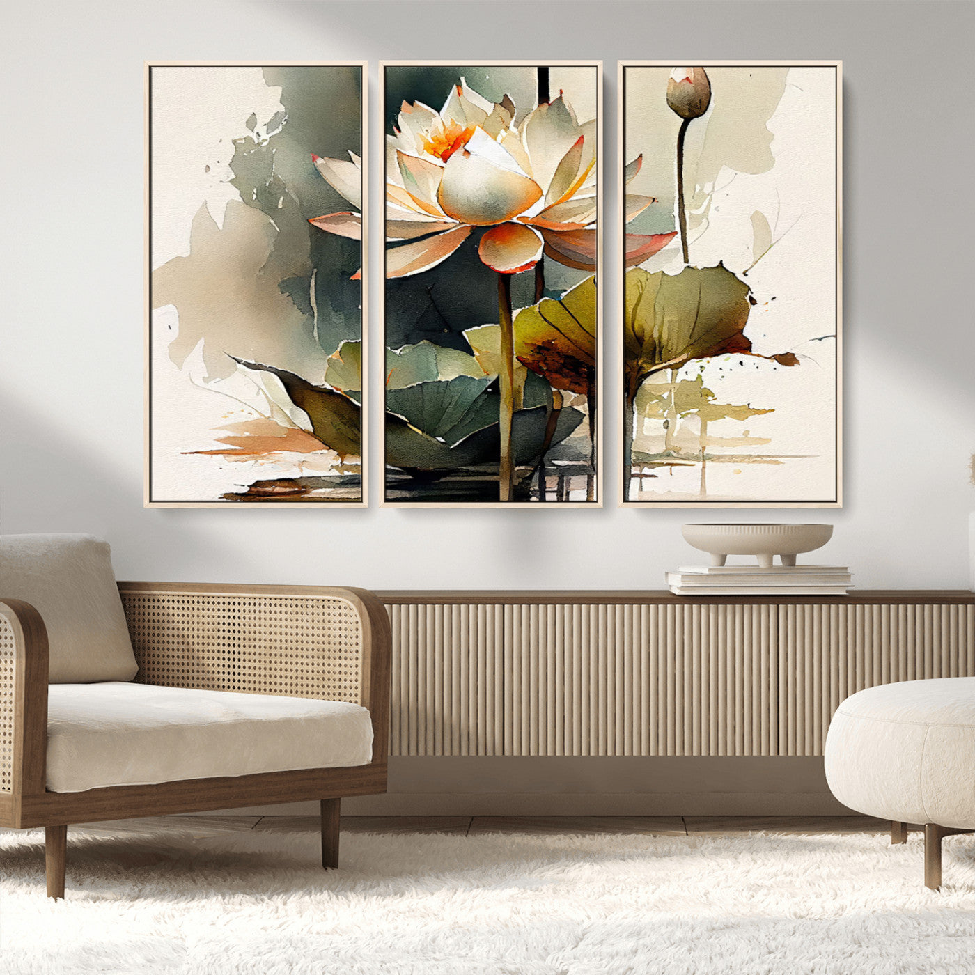 MGV-FC-48X32-3P - Lotus Flower Watercolor Canvas Print – A Symbol of Serenity and Growth, Captured in Soft Watercolors – Contemporary Wall Art for Tranquil Spaces
