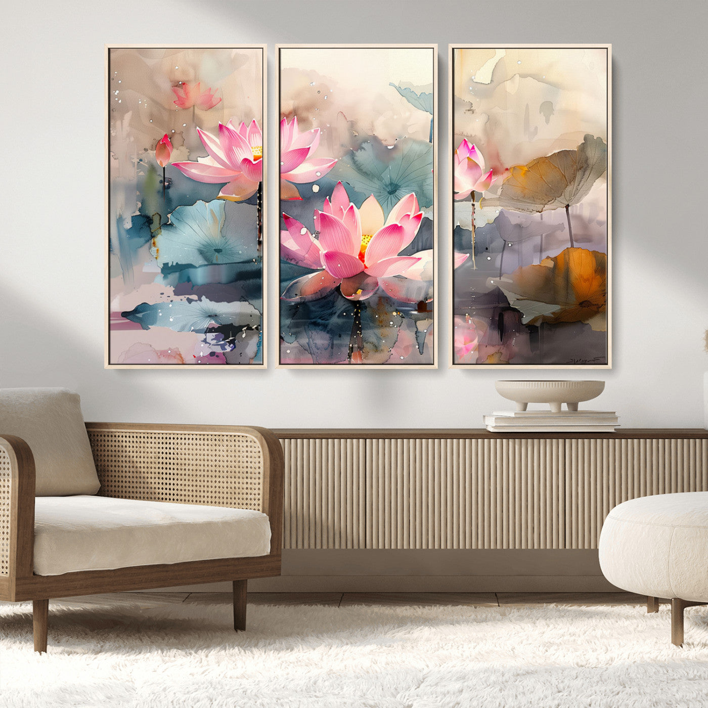 MGV-FC-48X32-3P - Lotus Flower Wall Art | 3-Panel Giclee Canvas Print of Pink Lotus Blossoms for Living Room, Bedroom, Office | Framed Lotus Floral Wall Art Decor Print