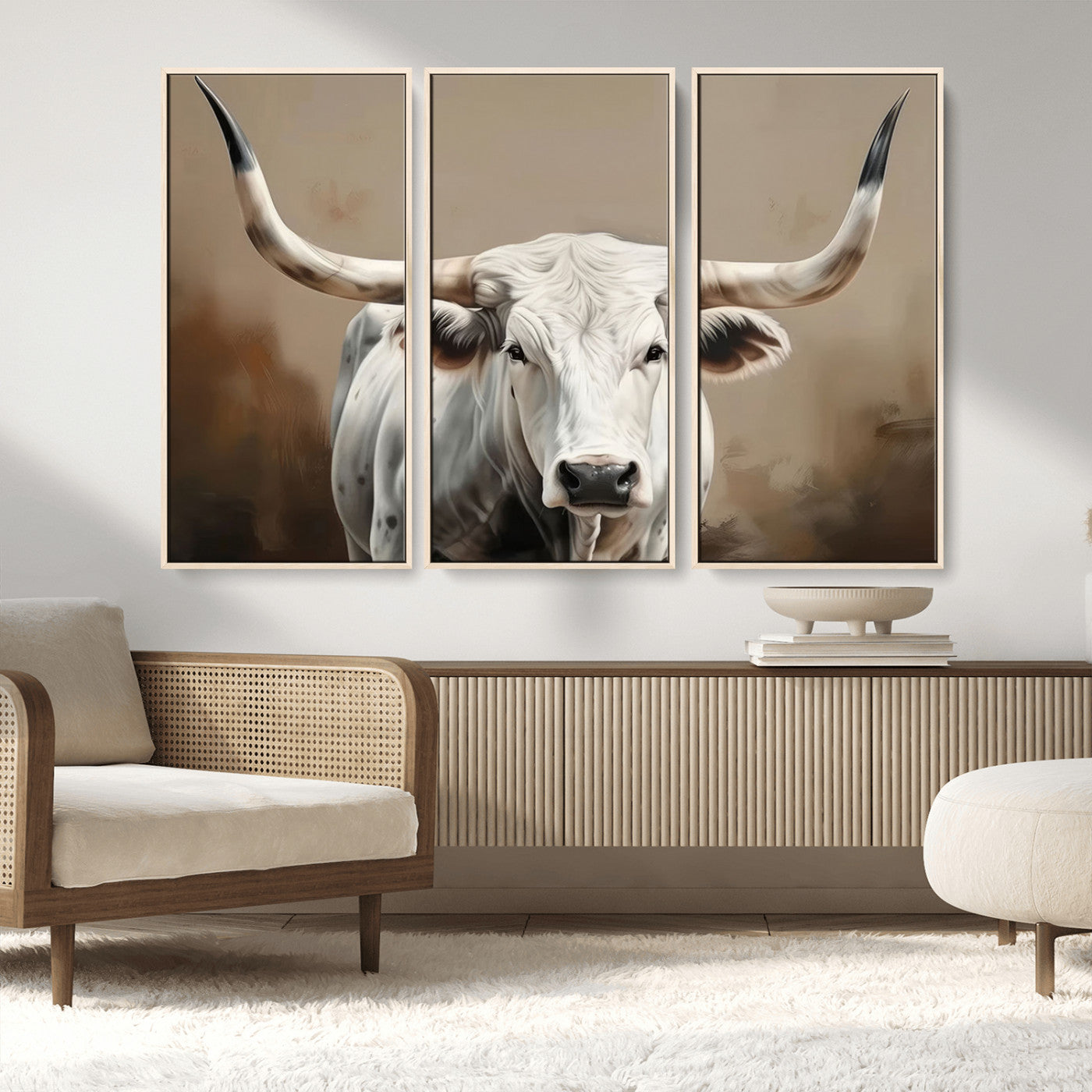 -White Longhorn Bull Wall Art Canvas Print – Framed and Ready to Hang – Perfect for Farmhouse and