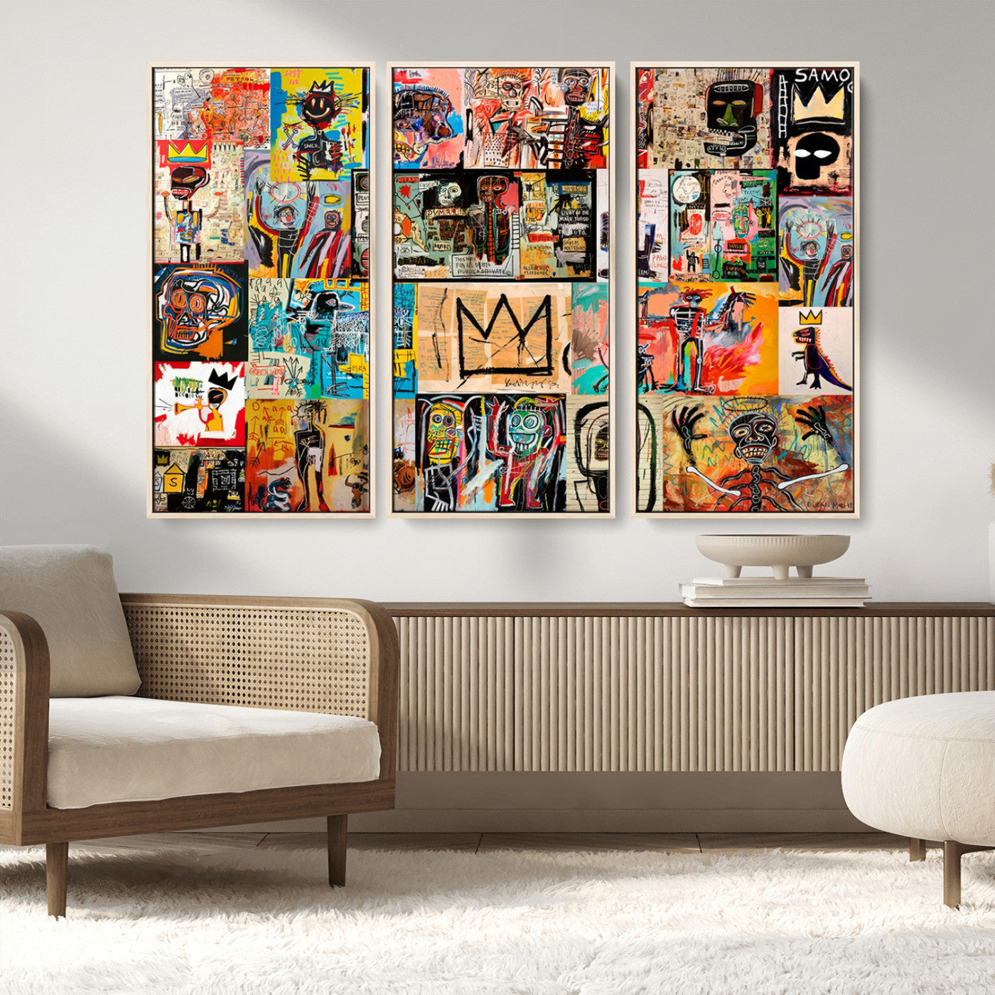 MGV-FC-48X32-3P - Basquiat Art Collage Wall Art Canvas Print – Framed, Ready to Hang, Urban Graffiti Style