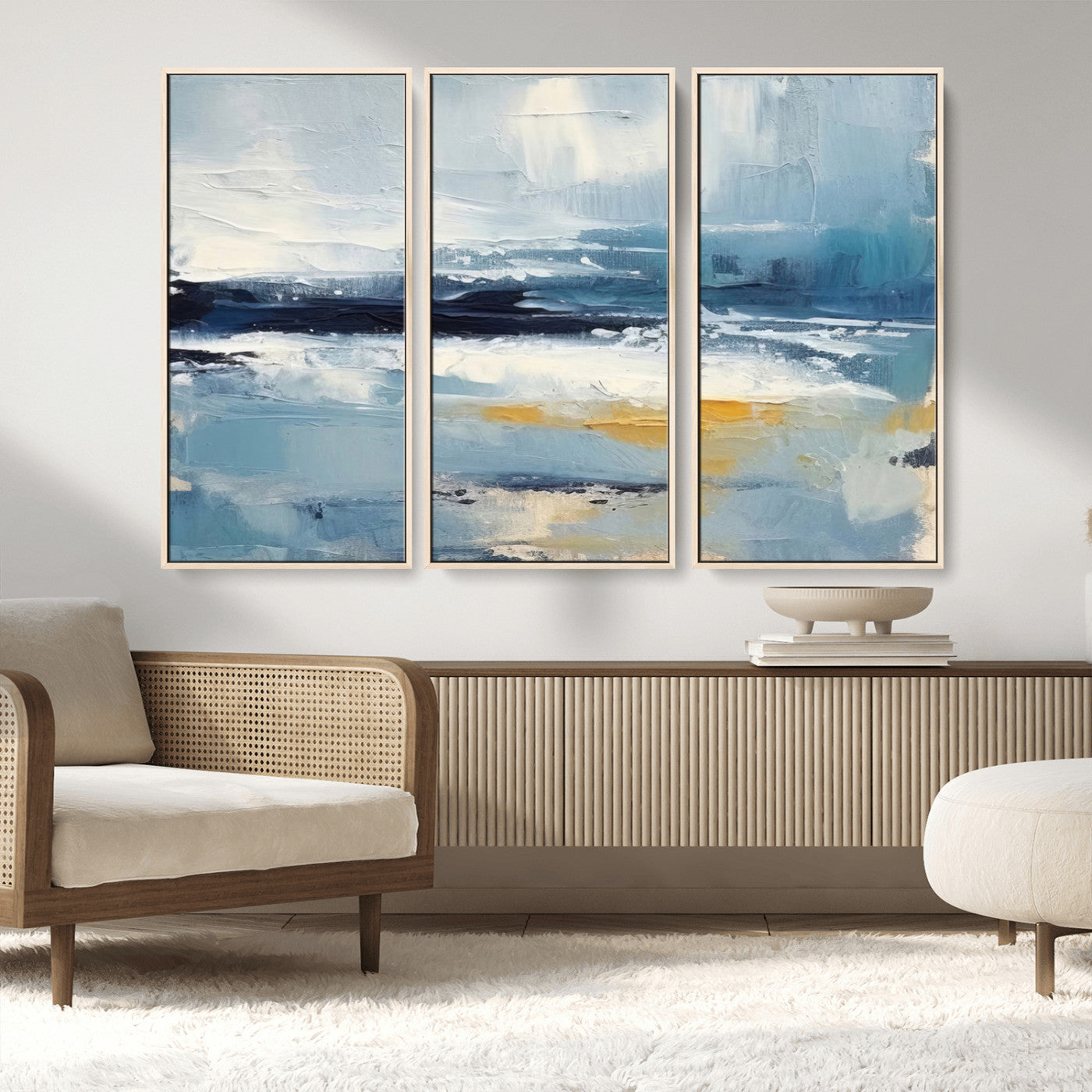 MGV-FC-48X32-3P - Abstract Ocean Canvas Wall Art - Coastal Blue and Gold Textured Painting, Modern Seascape Decor for Living Room Decor