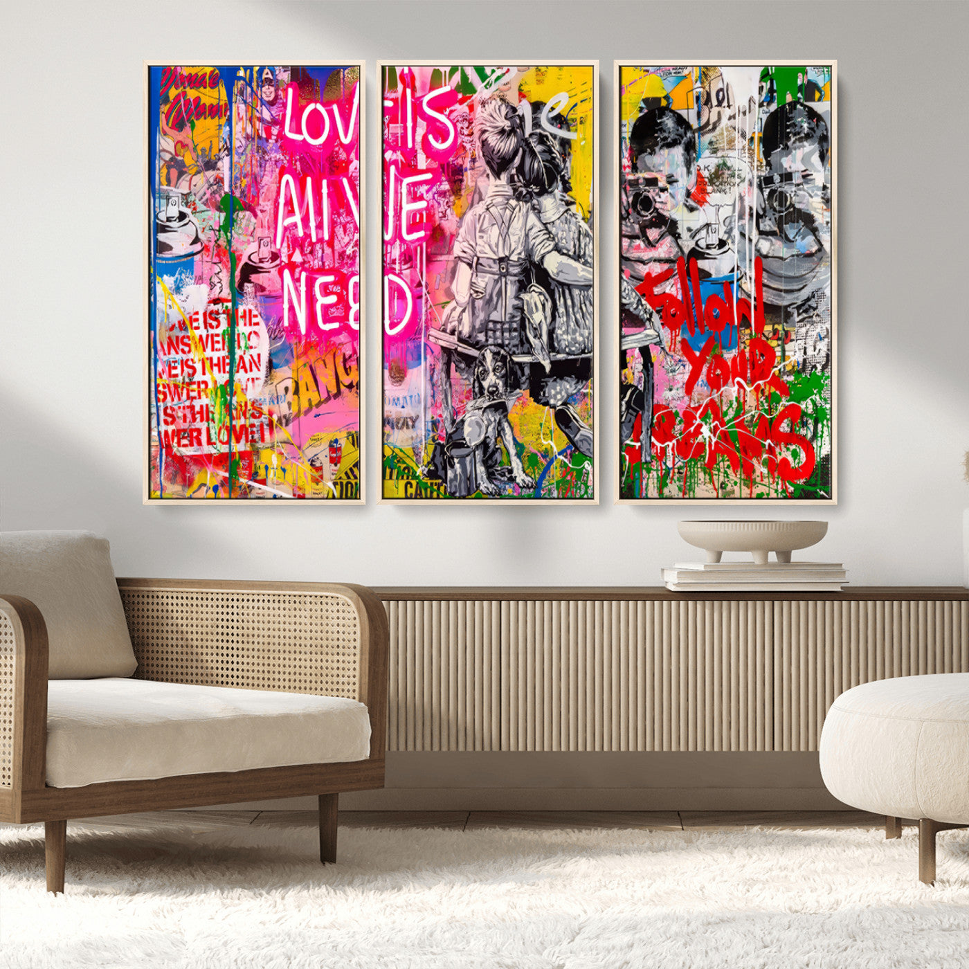 MGV-FC-48X32-3P - Follow Your Dreams & Love is All We Need Graffiti Street Art Triptych | 3-Panel Colorful Urban Wall Art for Living Room, Office, Loft Graffiti Wall Art Print