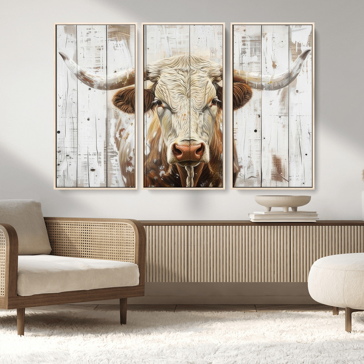 71551-MGV-FC-48X32-3P_Natural-Rustic Longhorn Bull Wall Art Canvas Set – Western-Inspired Farmhouse Décor - Ready to Hang