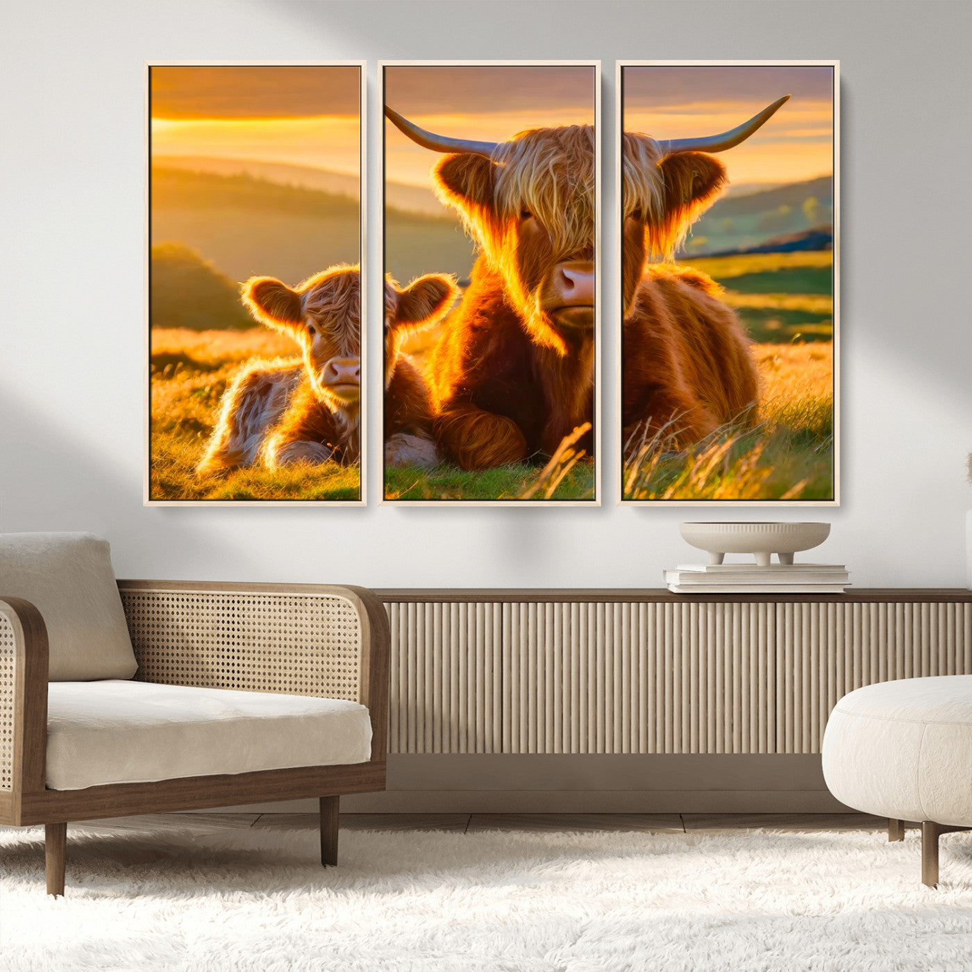 20567-MGV-FC-48X32-3P_Natural-Scottish Cow and Baby Cow Canvas Wall Art Animal Print Fluffy Cattle Framed Farmhouse Decor