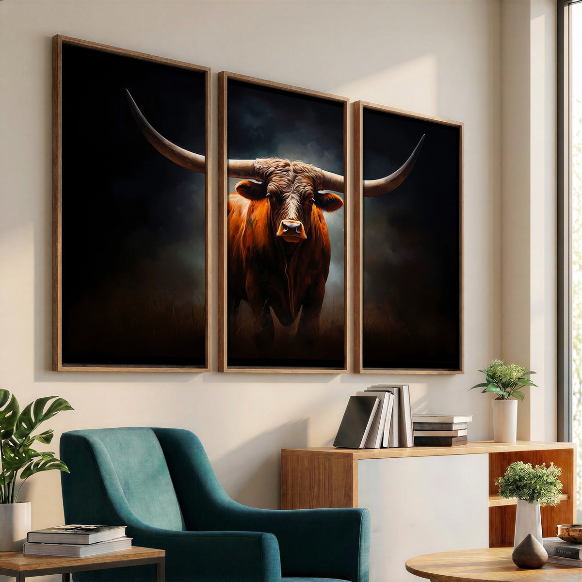 48896-MGV-CV-24X16 - Abstract Texas Longhorn Wall Art Print | 3-Panel Large Texas Longhorn Canvas