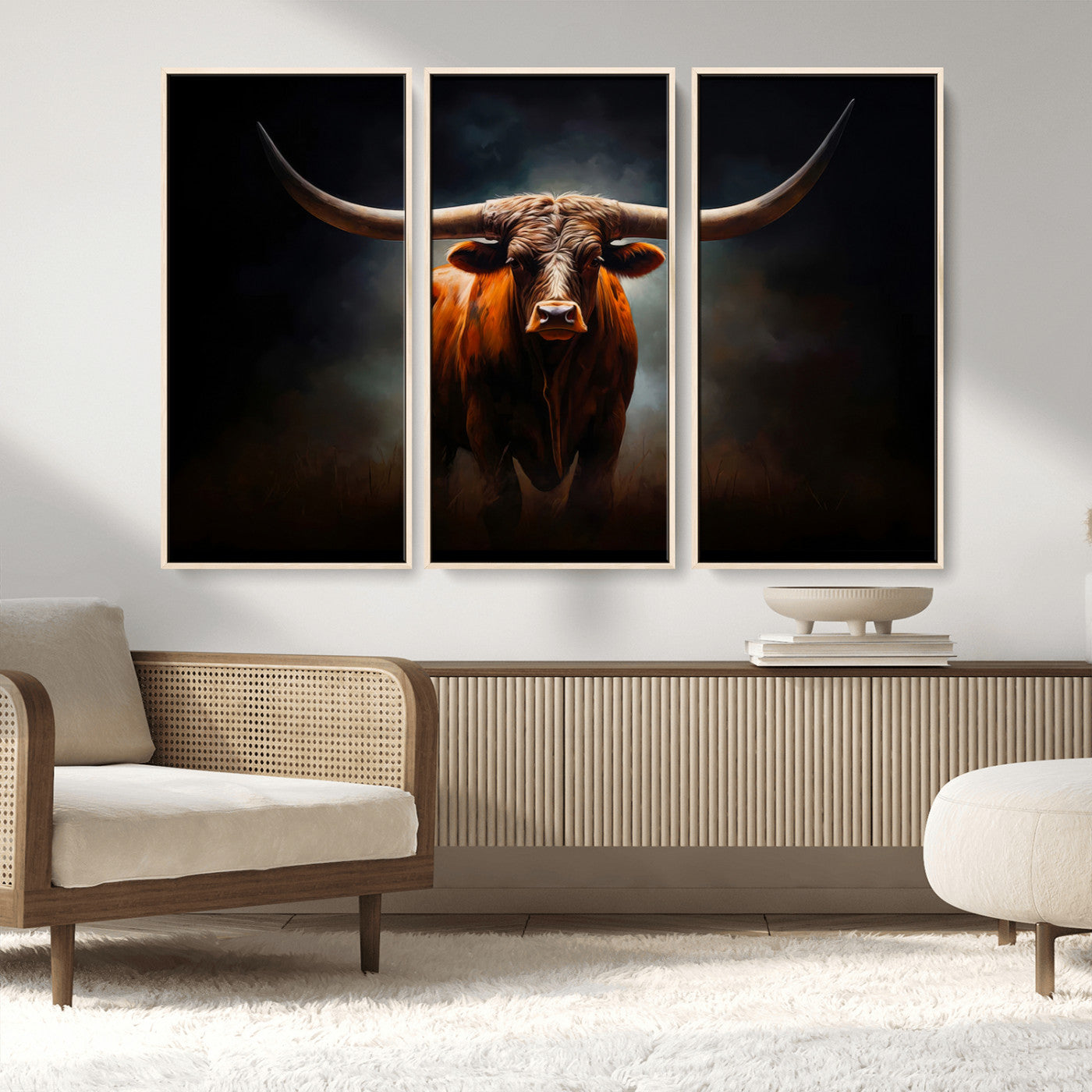 MGV-FC-48X32-3P - Abstract Texas Longhorn Wall Art Print | 3-Panel Large Texas Longhorn Canvas Print for Living Room, Office  Farmhouse Decor | Framed Longhorn Wall Art