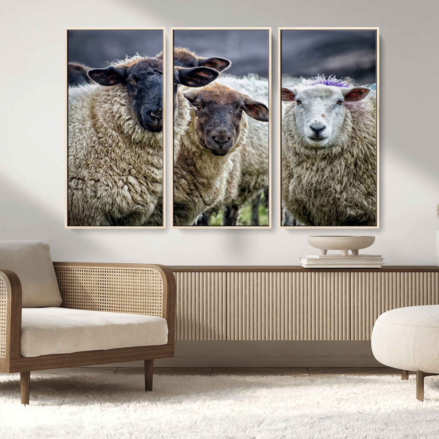 18418-MGV-FC-48X32-3P_Natural-Charming Sheep Portrait Wall Art – Trio of Woolly Companions Canvas Print, Framed, Ready to Hang