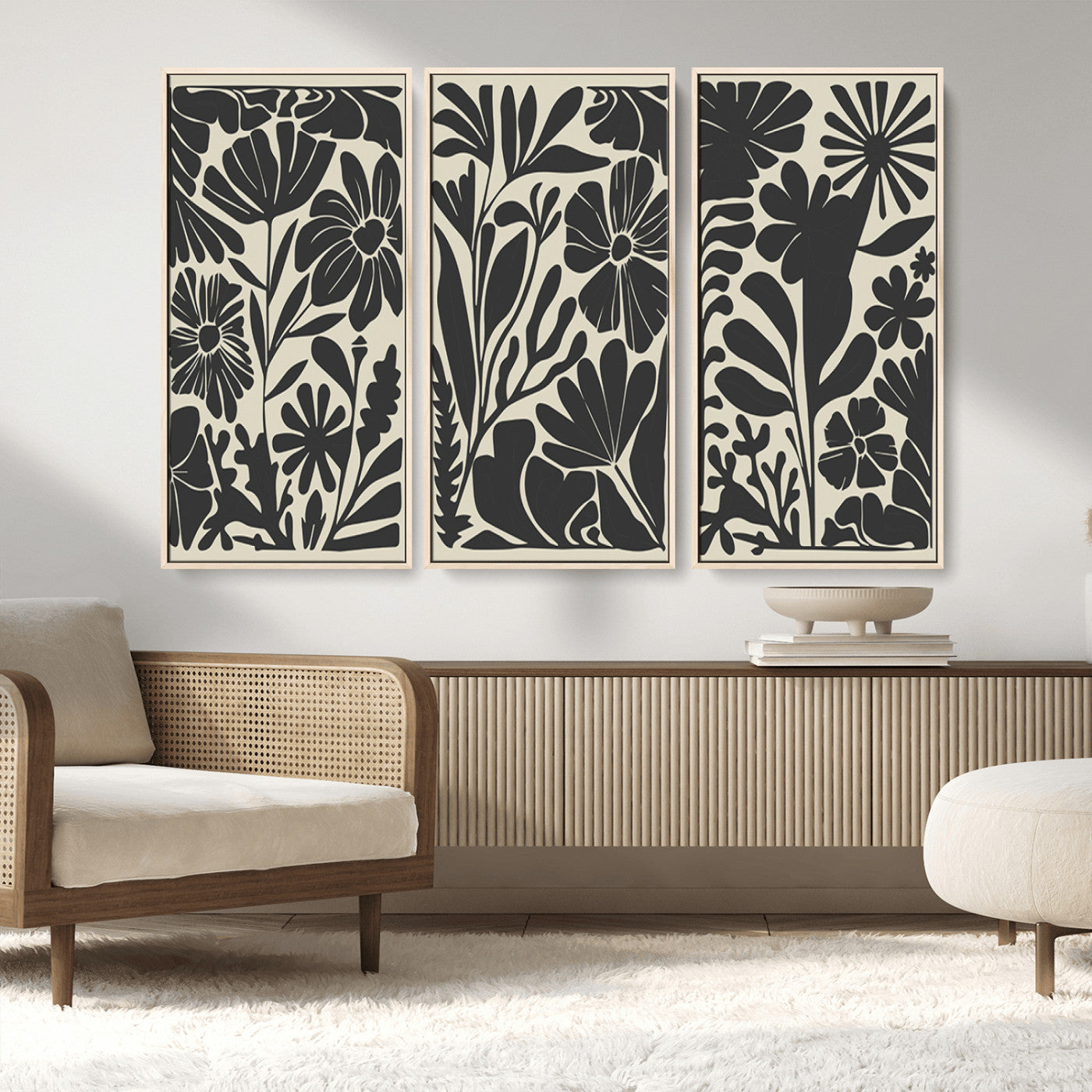 MGV-FC-48X32-3P - Modern Botanical Wall Art - Floral Black and White Canvas Print, Framed, Ready to Hang