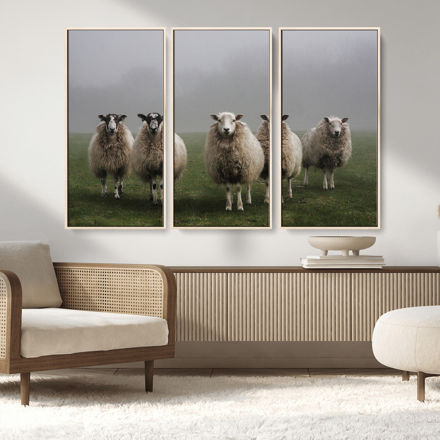 -Flock of Sheep in a Mystical Fog – Pastoral Wall Art Canvas Print, Framed, Ready to Hang