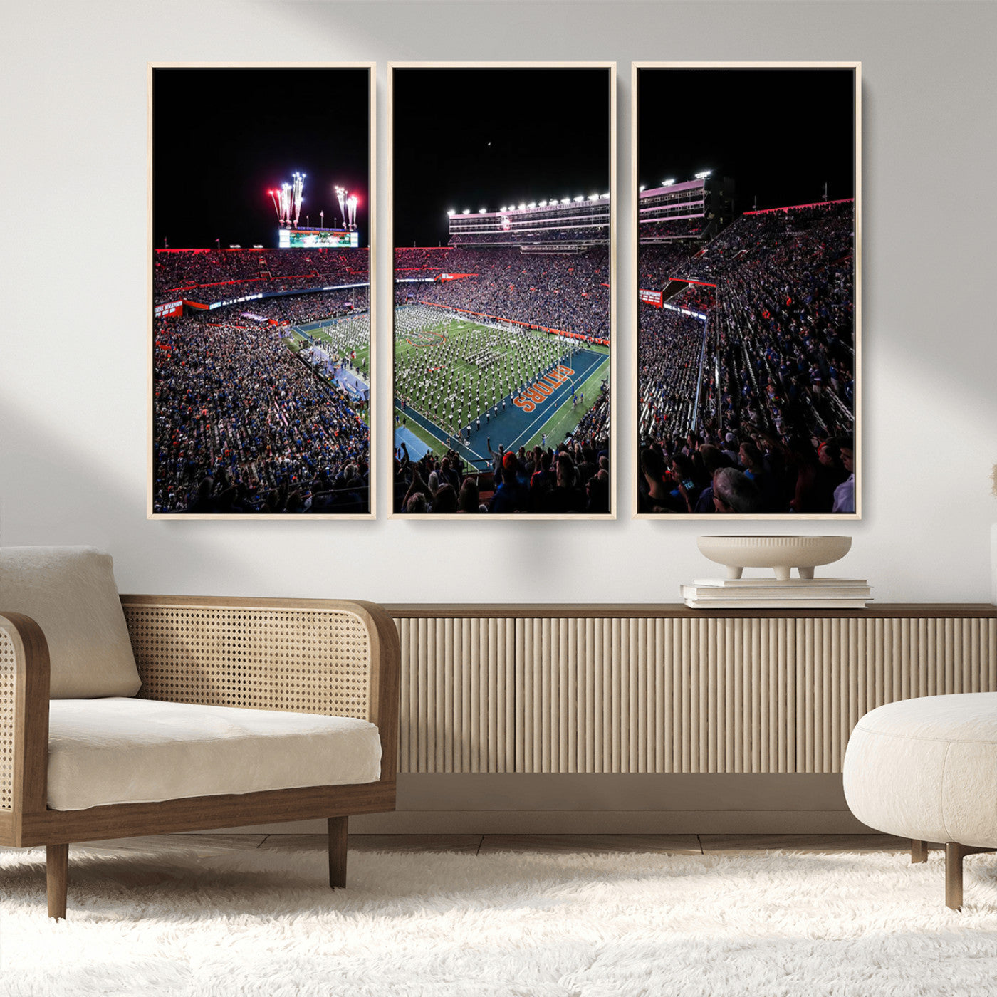 MGV-FC-48X32-3P - Ben Hill Griffin Stadium Night Game Triple Canvas Wall Art - Florida Gators Football Match