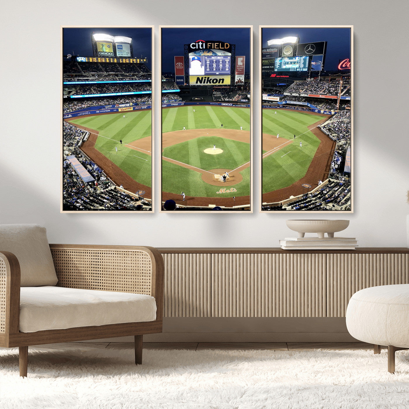 MGV-FC-48X32-3P - Citi Field Wall Art Print | 3-Panel New York Mets Baseball Stadium Canvas Print | Framed Sports Decor for Living Room, Man Cave, or Office Decor