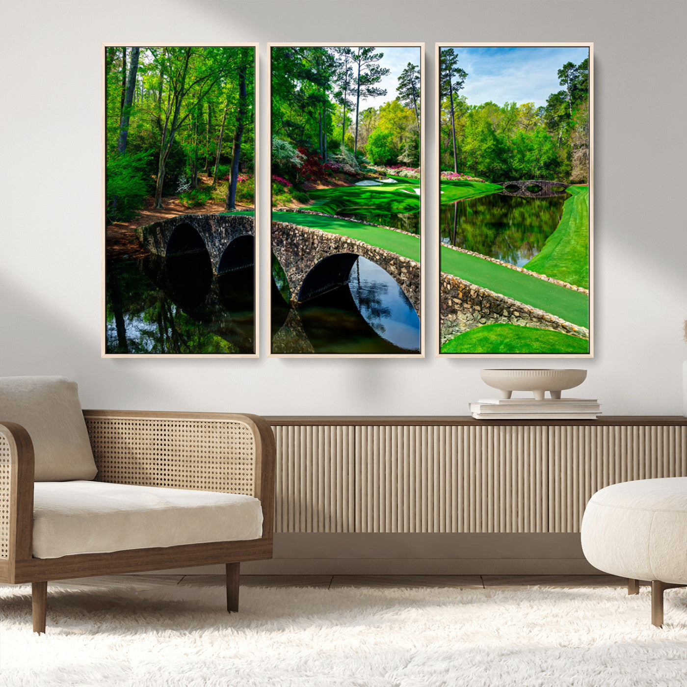 MGV-FC-48X32-3P - Augusta National Golf Club Wall Art - Panoramic Bridge & Lush Greenery – Premium Framed, Ready-to-Hang Triptych Canvas