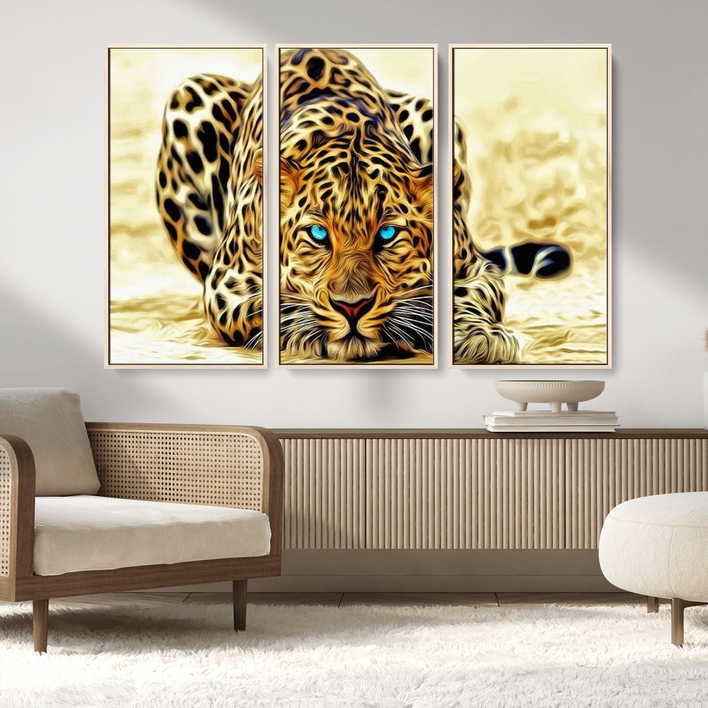 45281-MGV-FC-48X32-3P_Natural-Blue-Eyed Leopard Canvas Wall Art - Framed Animal Print Ready to Hang - Fierce and Bold Decor for