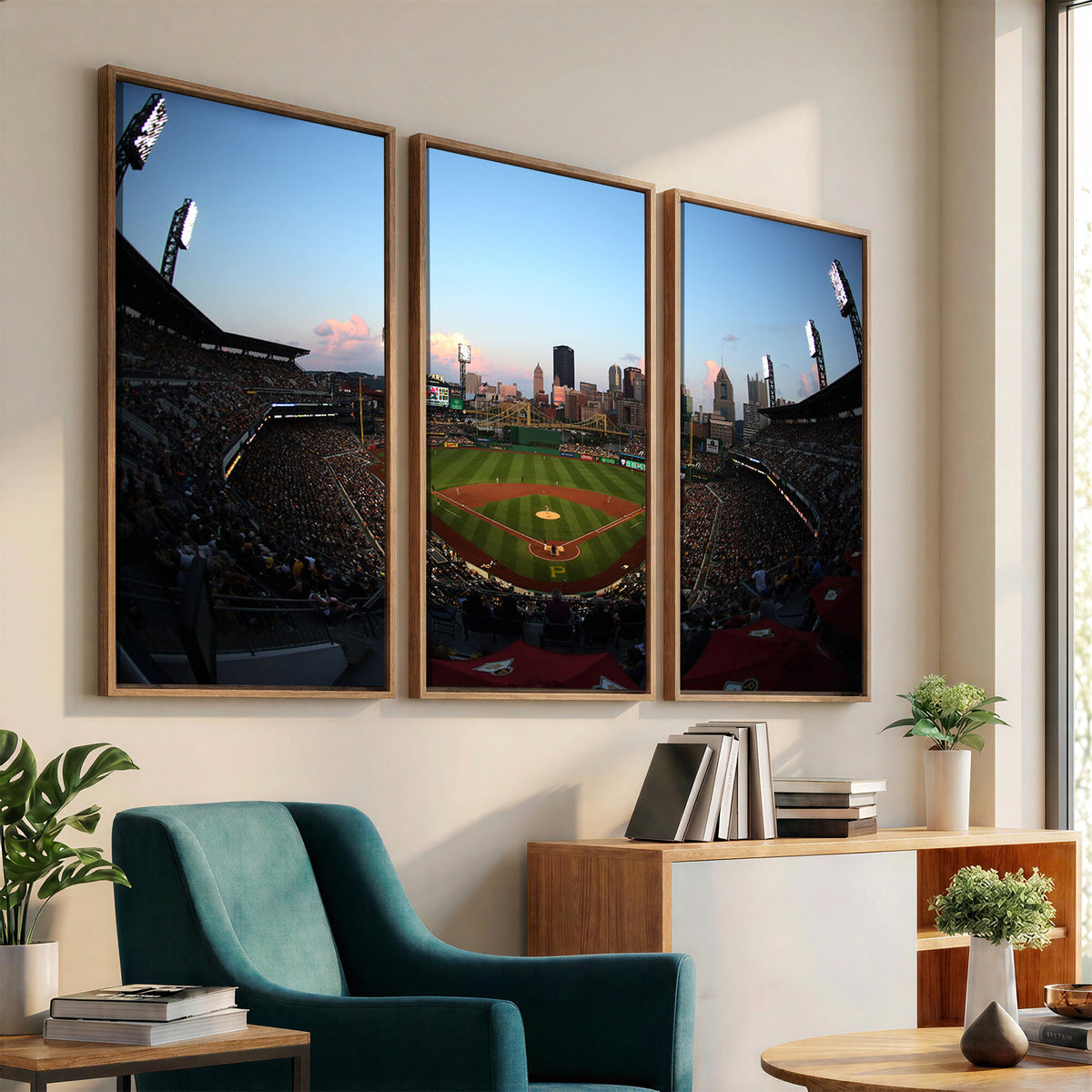 67670-MGV-CV-36X24 - PNC Park Evening Game Triple Canvas Wall Art | Pittsburgh Pirates MLB Stadium