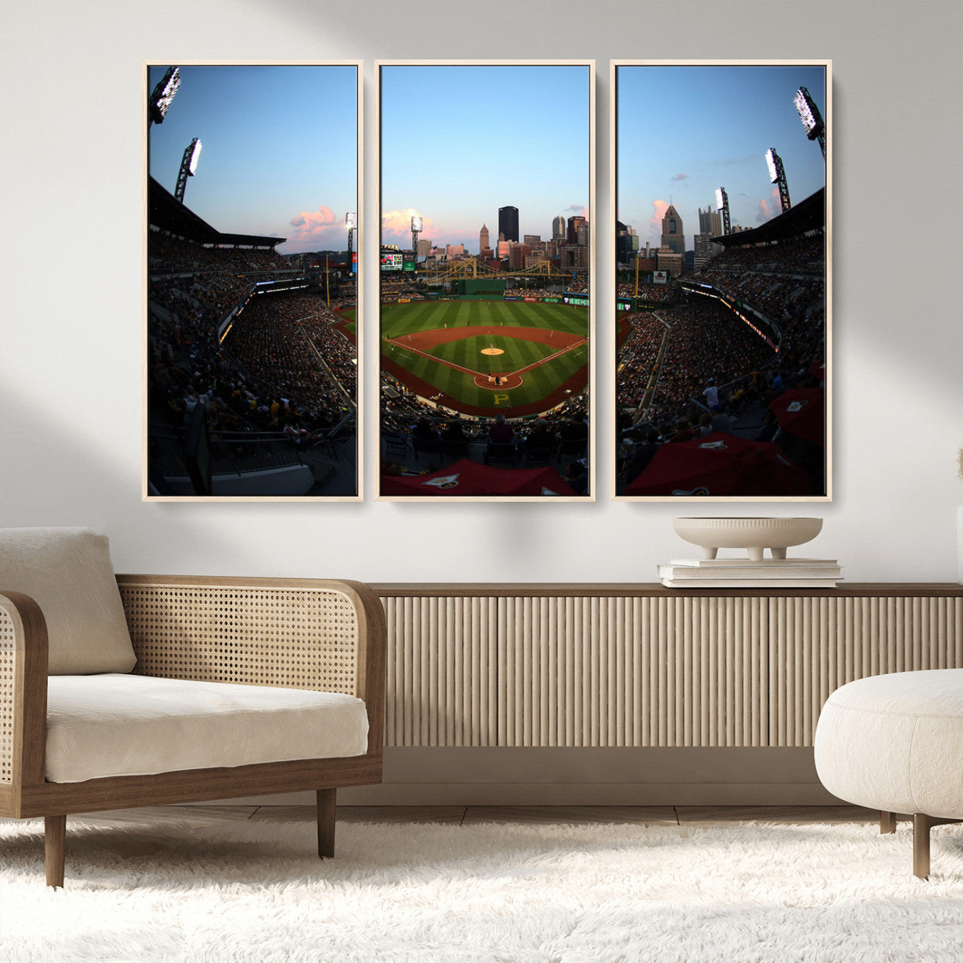 MGV-FC-48X32-3P - PNC Park Evening Game Triple Canvas Wall Art - Pittsburgh Pirates MLB Match - PNC Park Stadium Wall Art Canvas Print