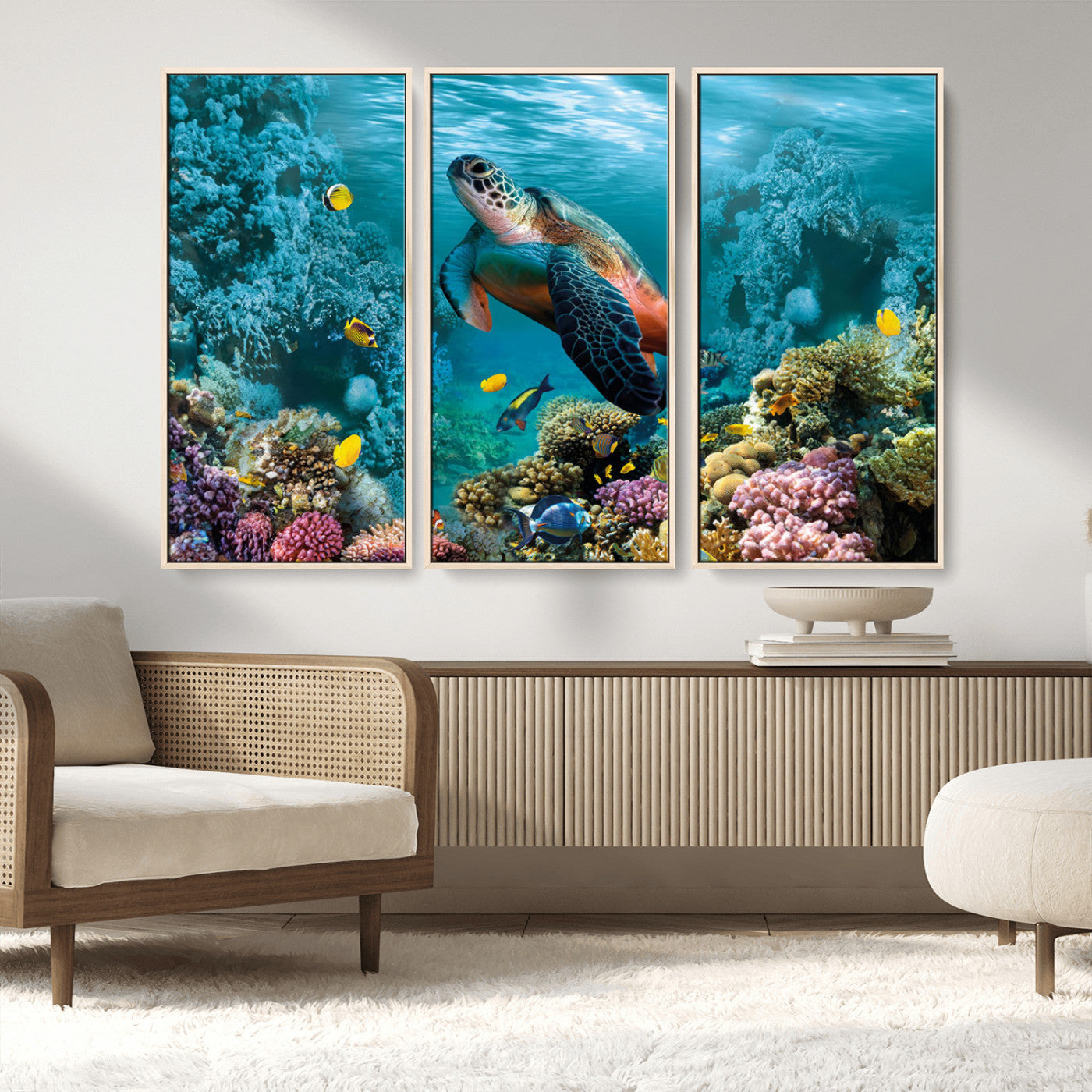 MGV-FC-48X32-3P - Sea Turtle and Coral Reef Triptych Wall Art – Vibrant Underwater Scene Canvas Set for Ocean Lovers and Coastal Decor – Ready to Hang 3-Panel Artwork